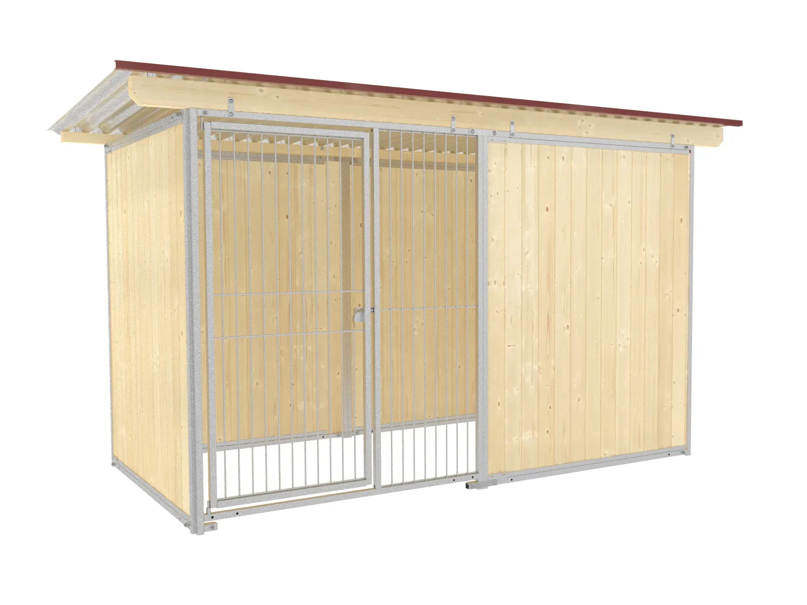 Hundezwinger mit Stabelementen aus verzinkten Vierkantrohren und einer eingeschweißten Stabmatte