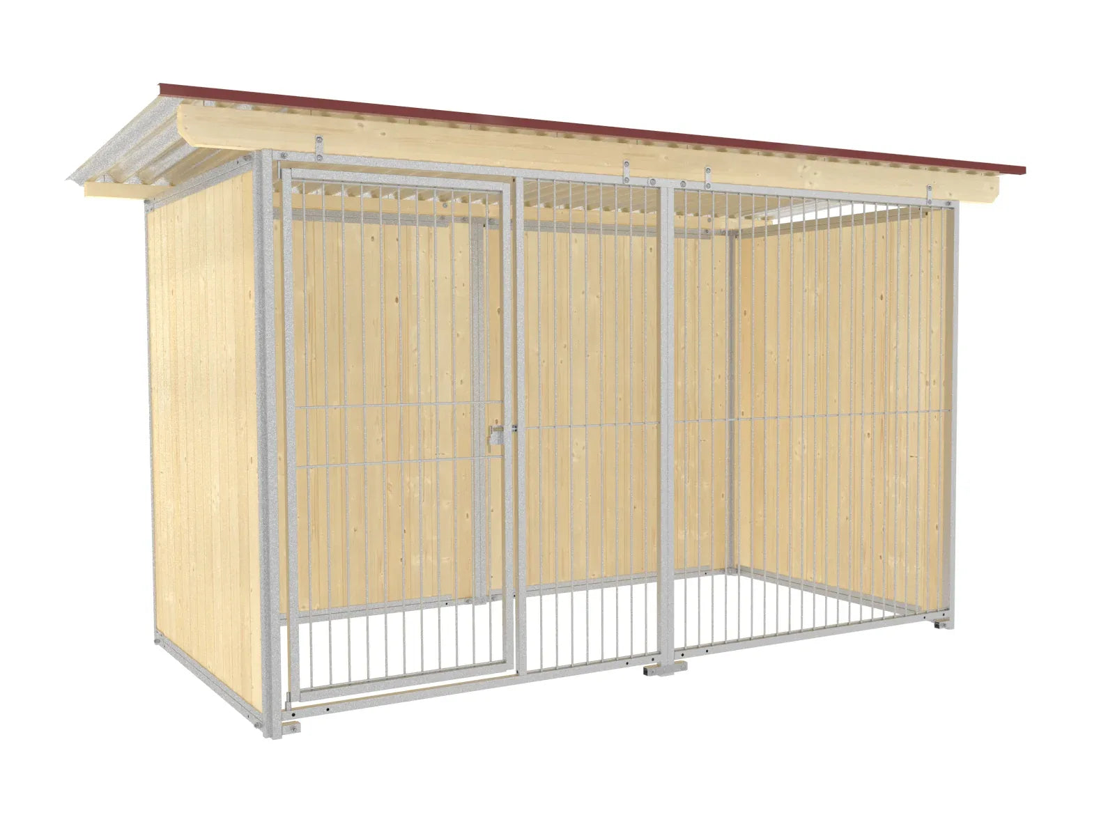 Hundezwinger mit Stabelementen aus Vierkantrohren und einer eingeschweißten Stabmatte