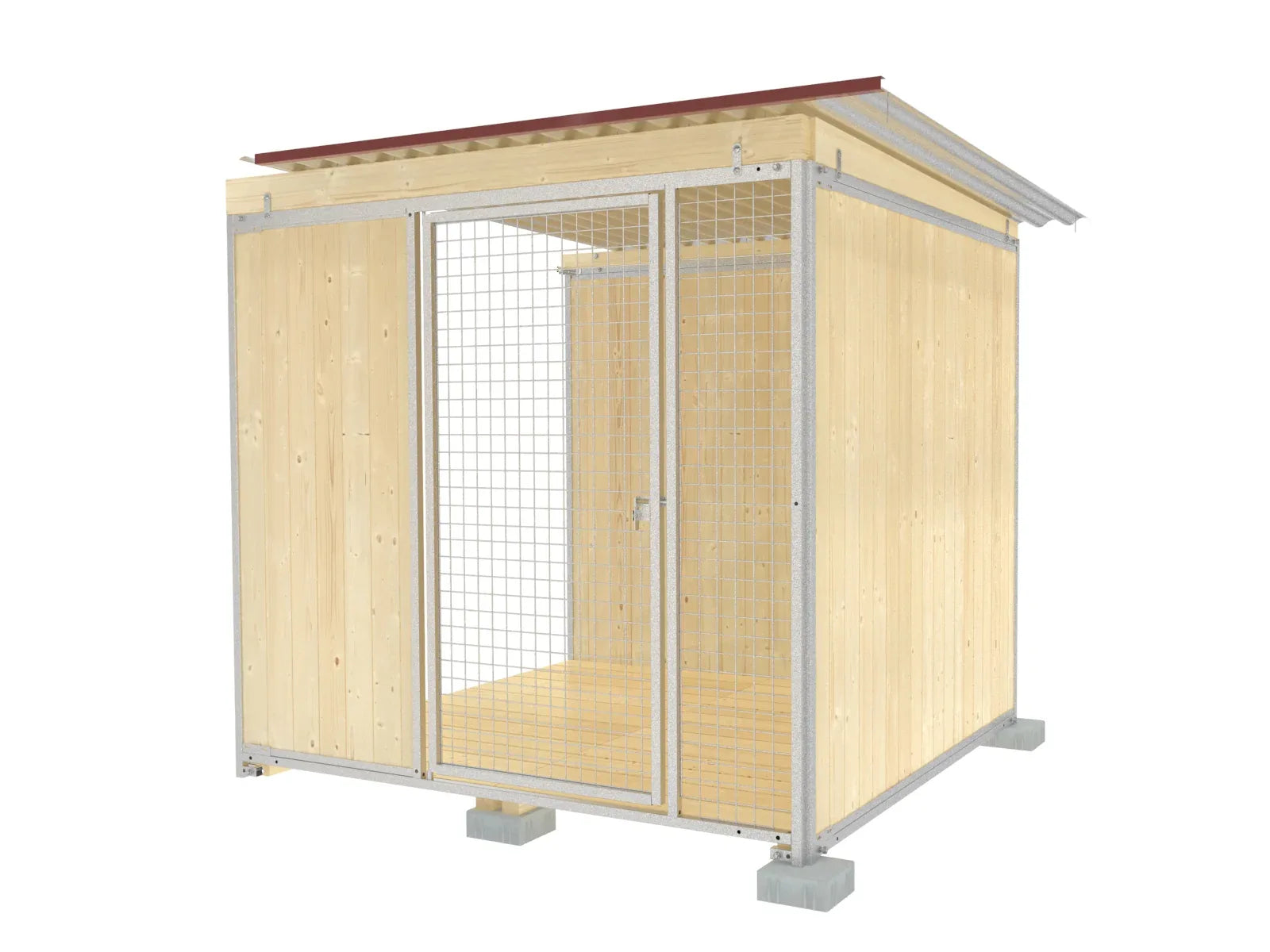 Zwinger zum Anbauen and eine Zwingeranlage mit Wänden und Boden aus Fichtenholz