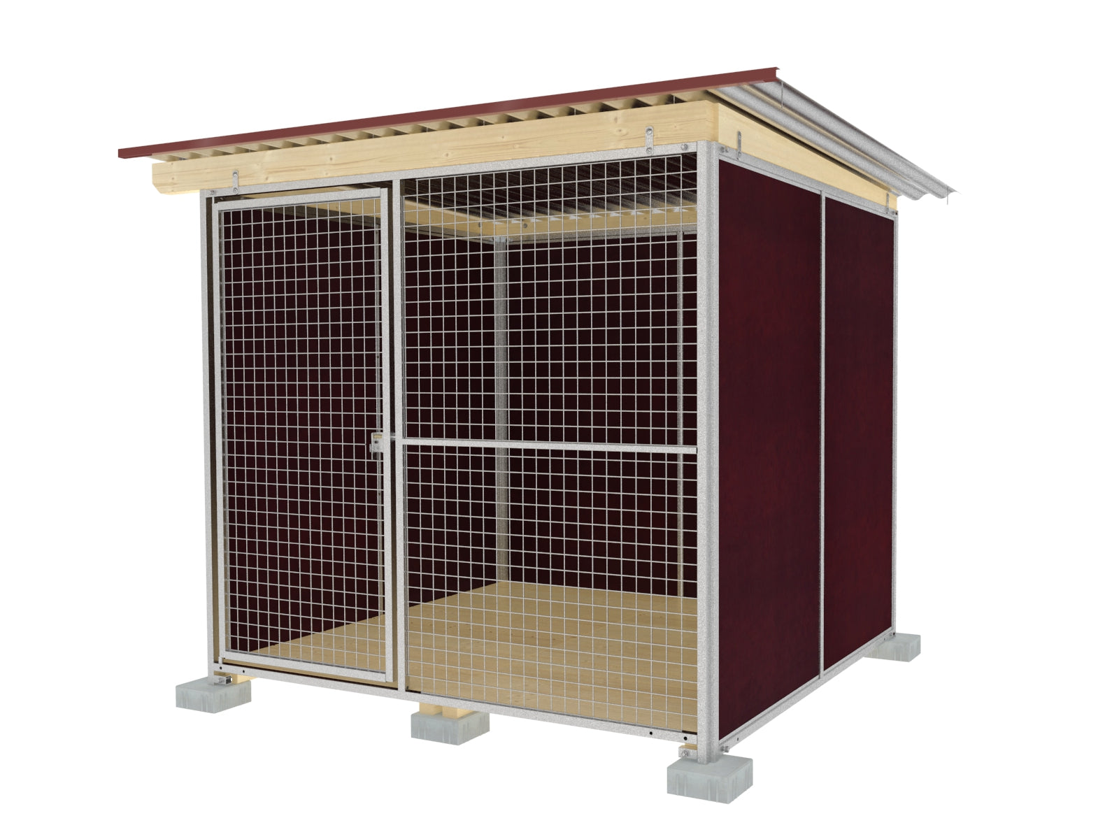 Anfangs-Hundezwinger mit Wänden aus braunen Mehrschichtplatten und einem Gittertürelement