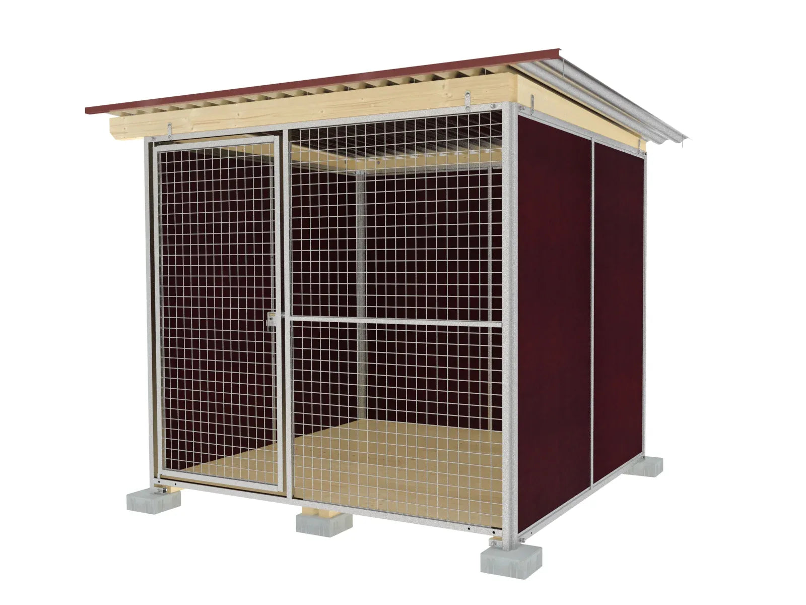 Anfangs-Hundezwinger mit Wänden aus braunen Mehrschichtplatten und einem Gittertürelement