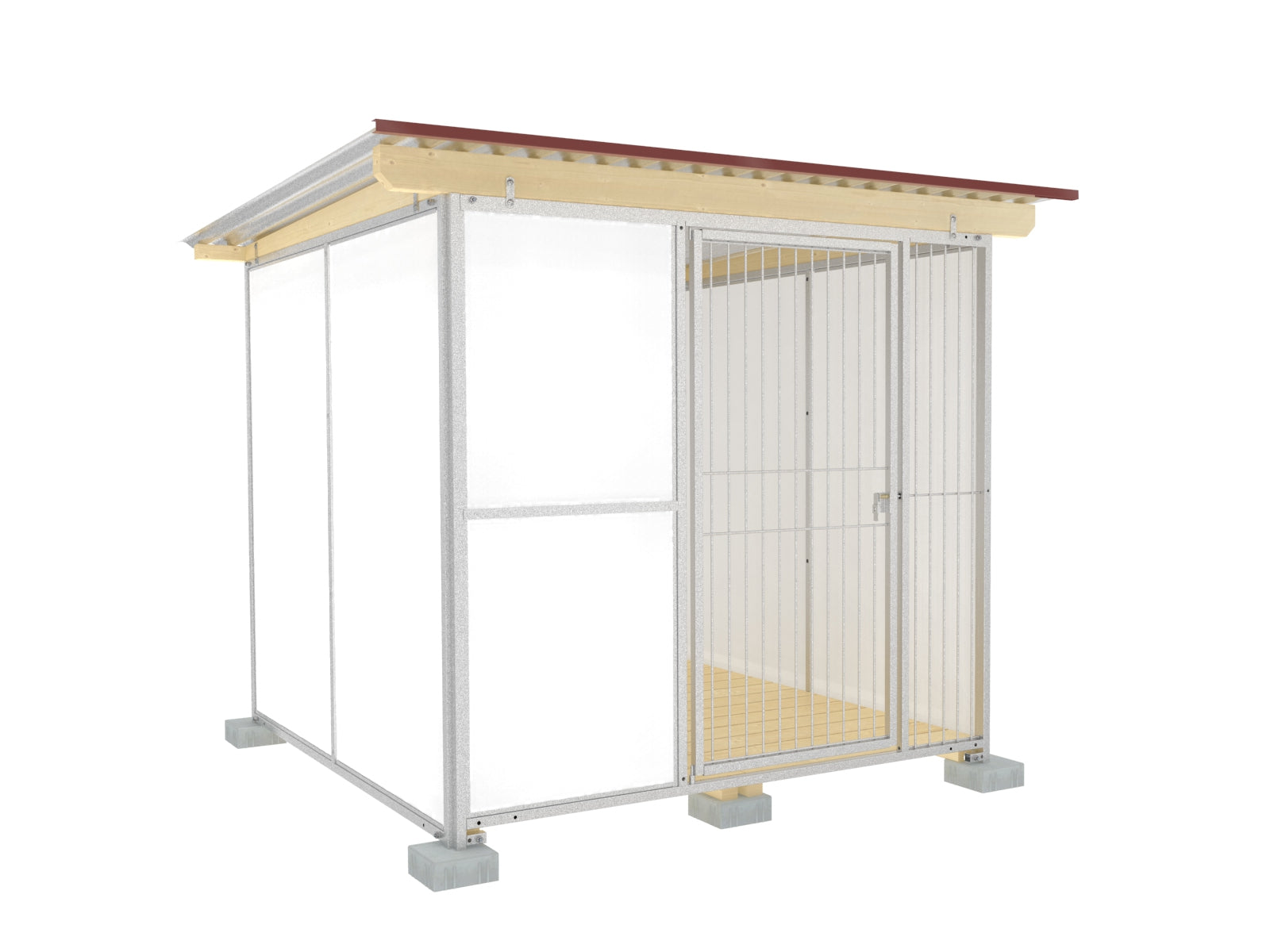 Hundezwinger mit weißen Kunststoffplatten als Wände, Holzboden und einem Wellblechdach