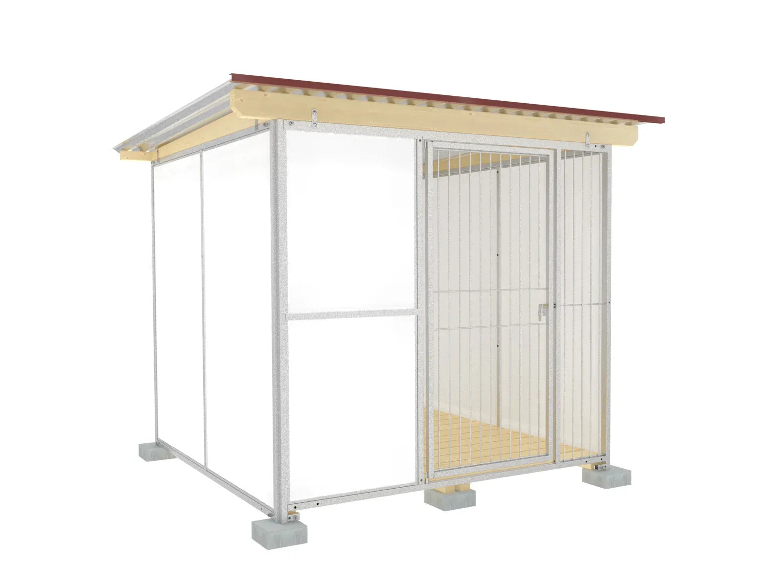 Hundezwinger mit weißen Kunststoffplatten als Wände, Holzboden und einem Wellblechdach