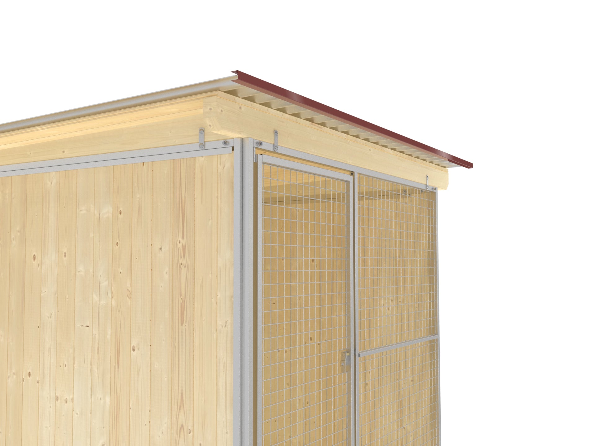 Hundezwinger mit Dachvorsprung von 20 cm und untergeschalter Decke aus Nut- und Federbretter