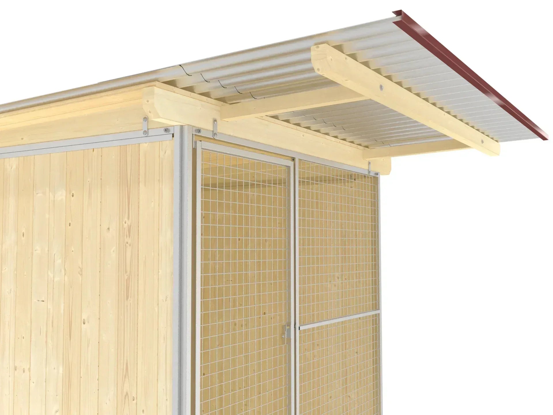 Hundezwinger mit 1 m Dachvorsprung und untergeschalter Decke über dem Zwingerkorpus