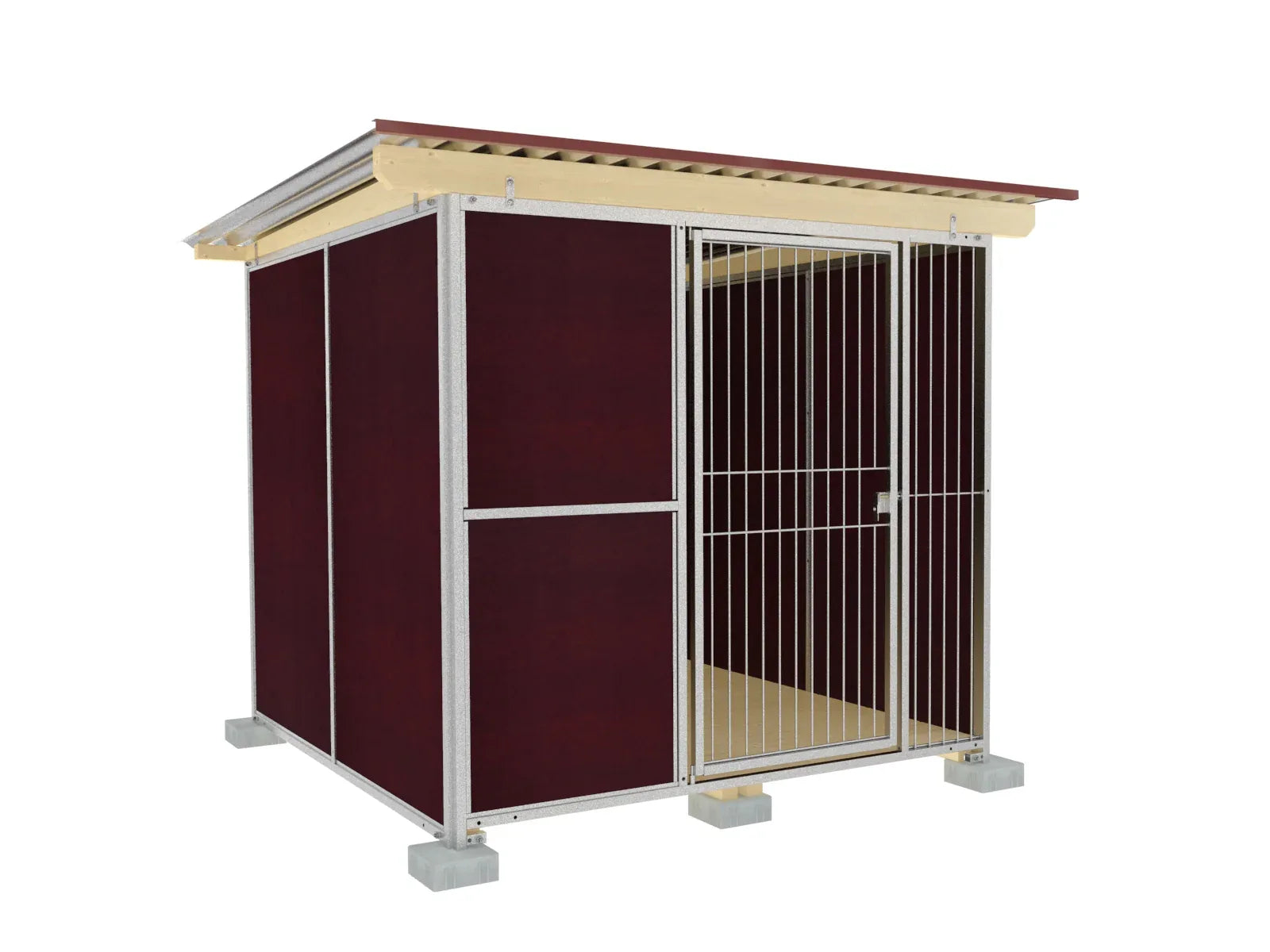 Hundezwinger 2 x 2 m mit Dach und Holzboden auf Fundamentsteinen aufgebaut