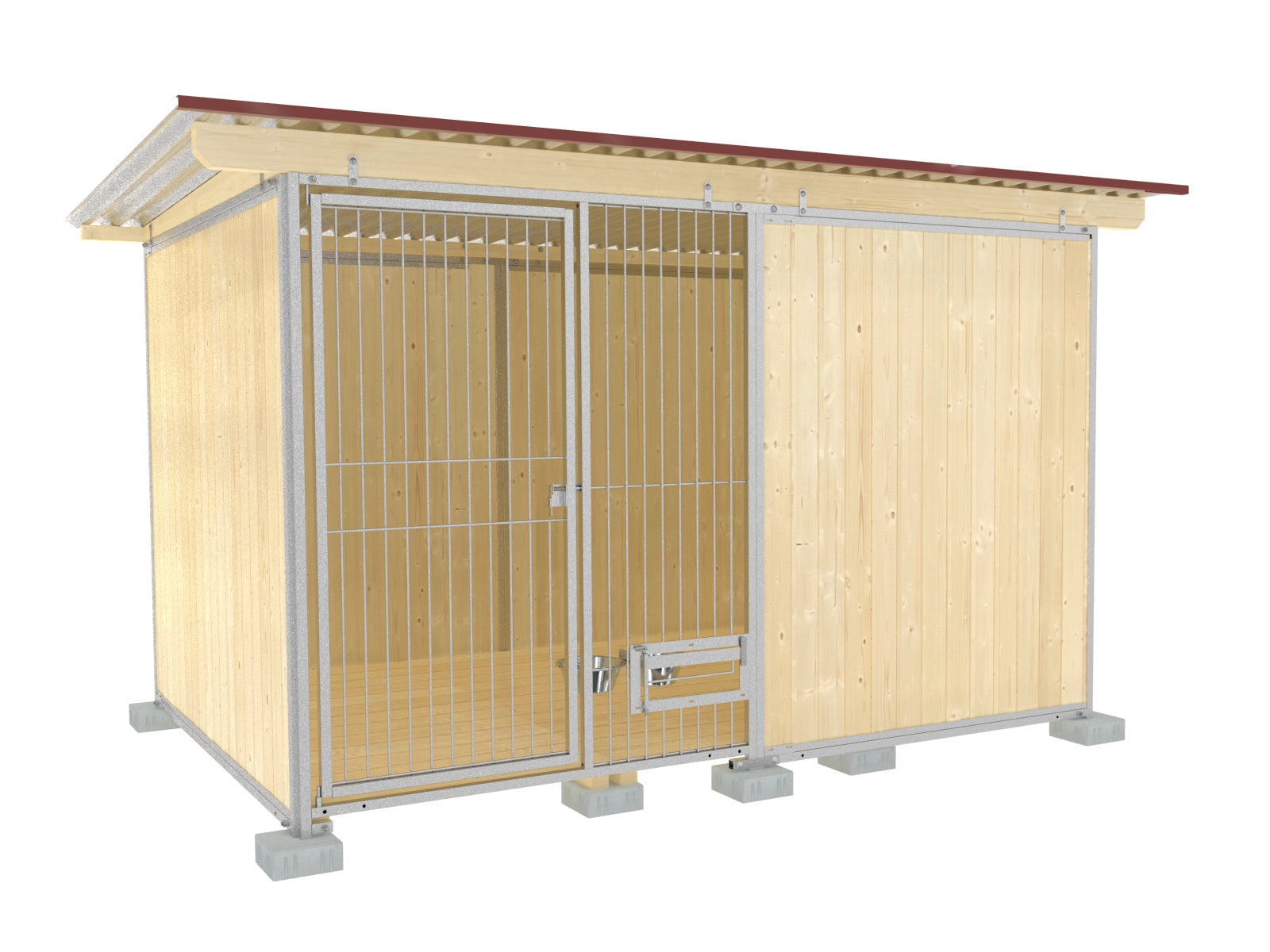 Hundezwinger mit großem Windschutz und Stabtüre mit integriertem Futternäpfen