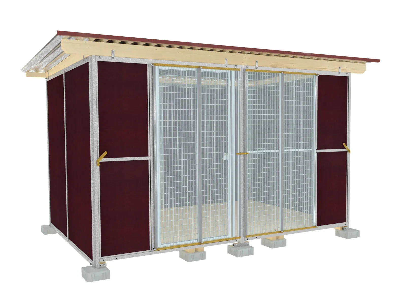 Faltfenster geschlossen und verriegelt an einem Hundezwinger mit Holzboden und Dach