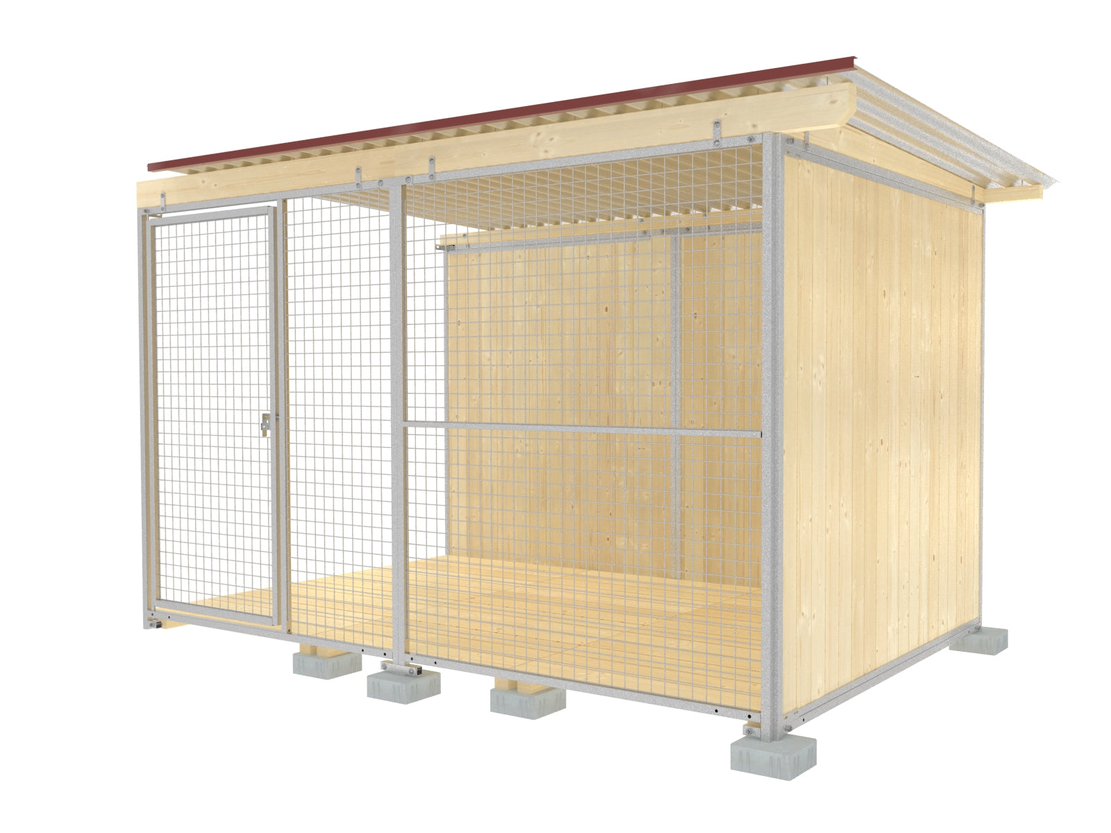 Hundezwinger-Abteil mit Dachbalken aus Fichtenholz und Dach aus verzinktem Wellblech
