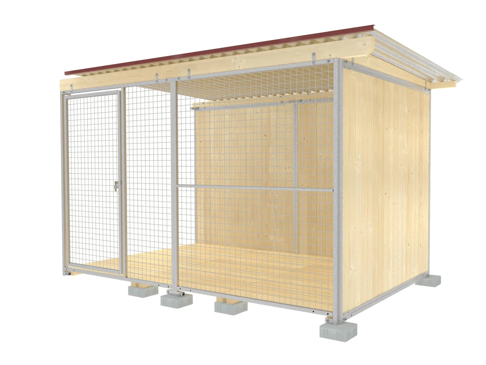 Hundezwinger-Abteil mit Dachbalken aus Fichtenholz und Dach aus verzinktem Wellblech