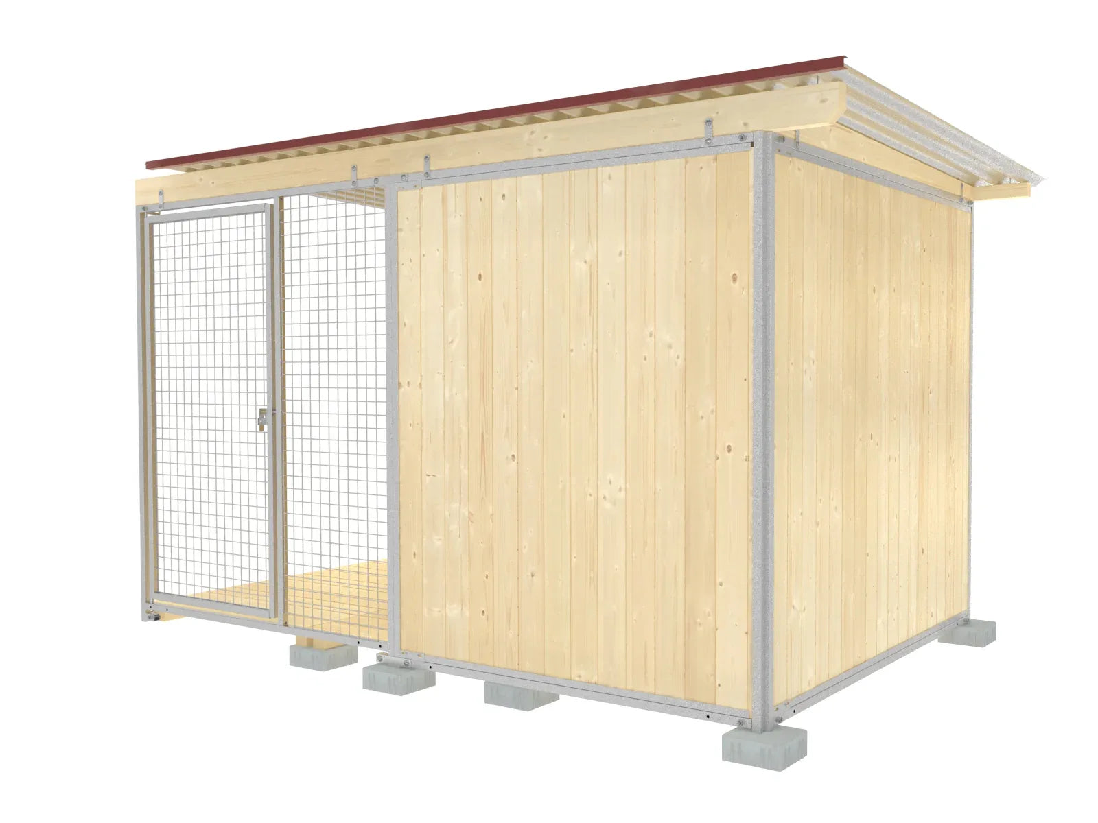 Hundezwinger-Abteil mit Dachbalken aus Fichtenholz angeschraubt an Hundezwingerwänden