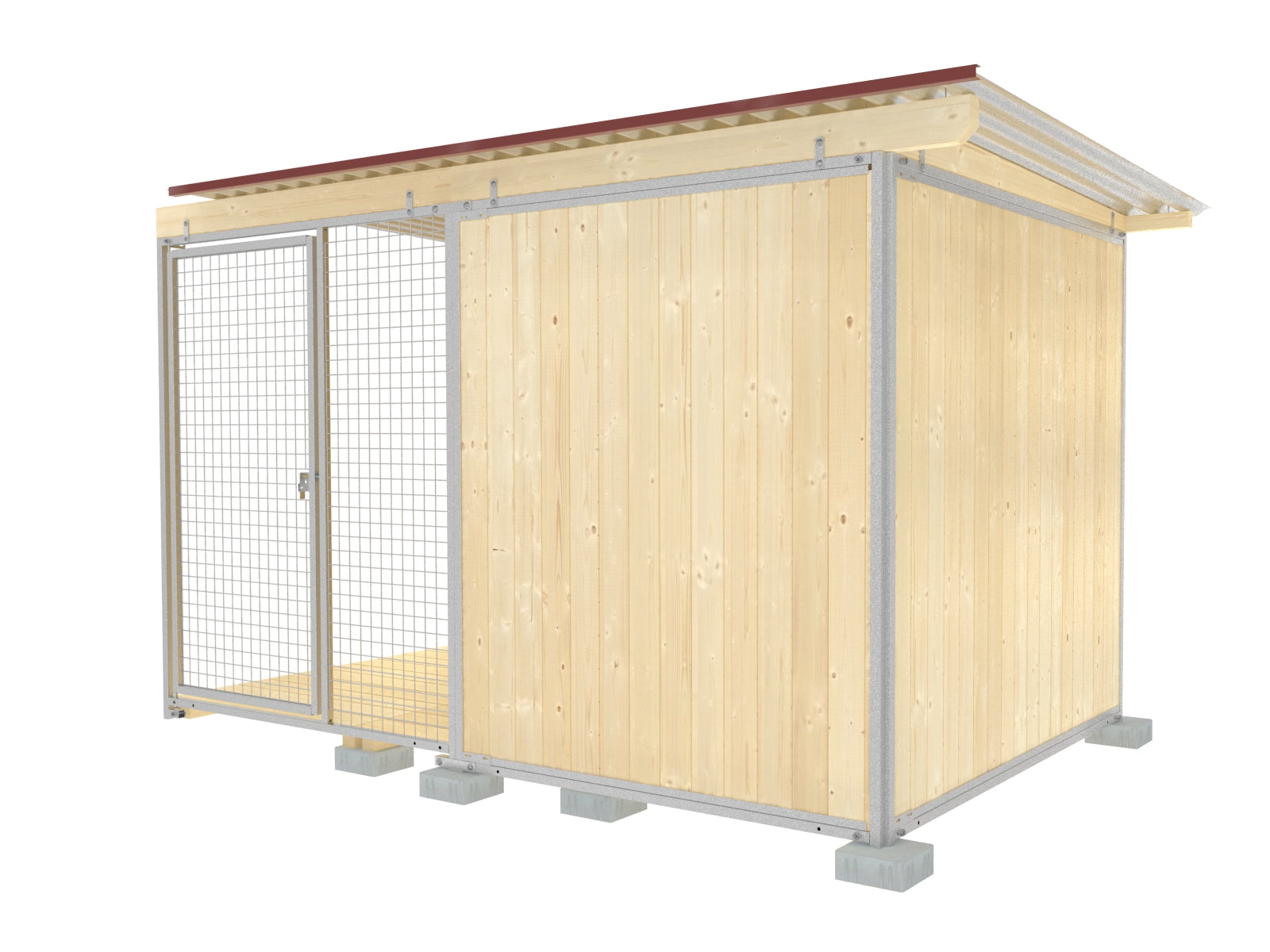 Hundezwinger-Abteil mit Dachbalken aus Fichtenholz angeschraubt an Hundezwingerwänden