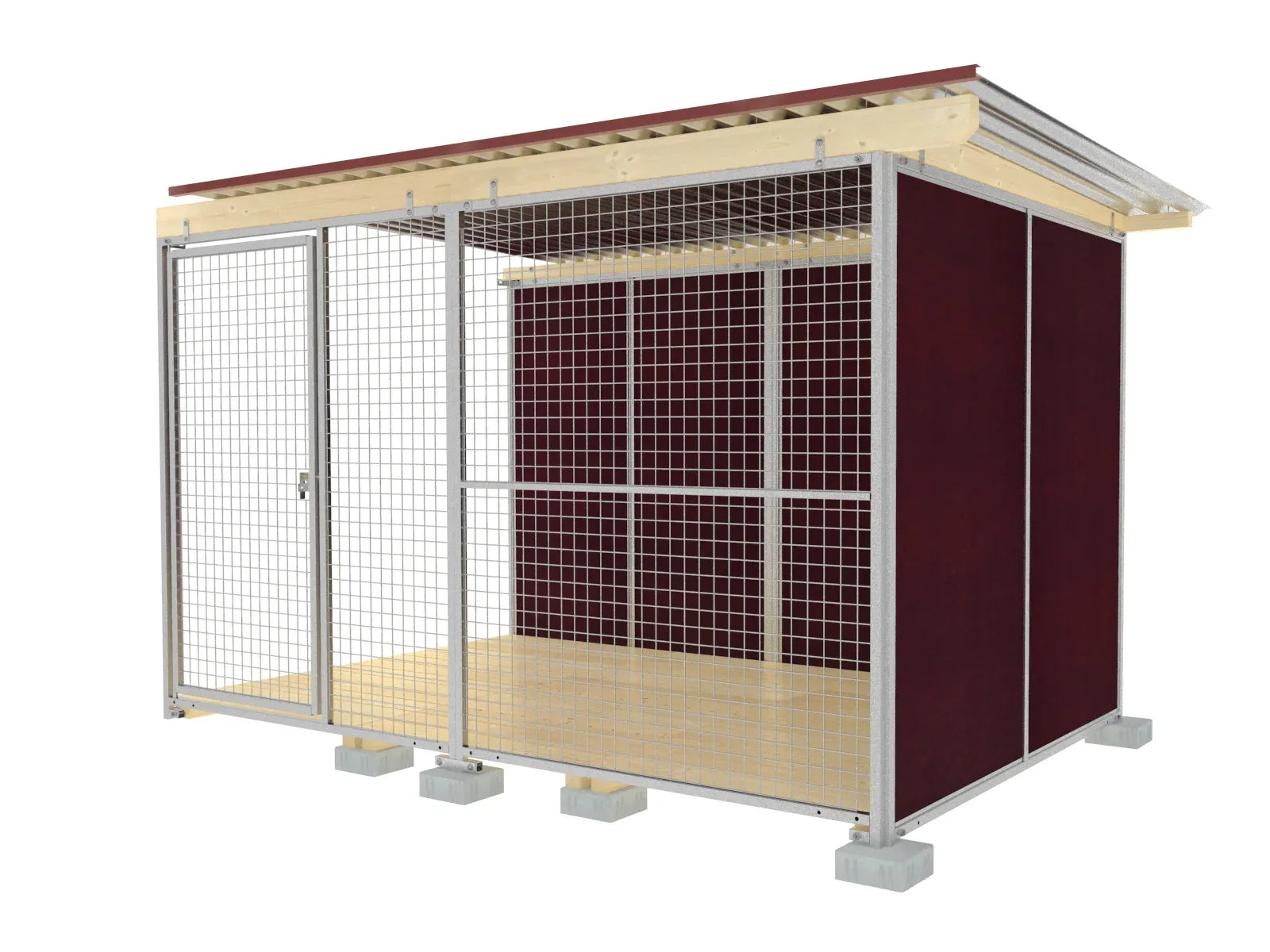 Hundezwinger mit Wellblechdach einer Türe aus verzinktem Stahl und Wänden aus Mehrschichtplatten mit Stahlrohrrahmen