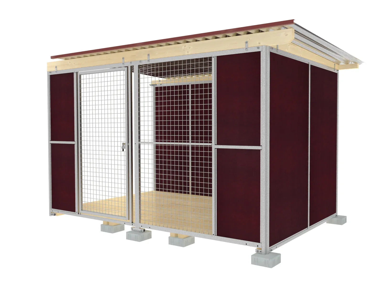 Hundezwinger mit Wellblechdach einer Türe aus verzinktem Stahl und Boden aus Fichtenholz