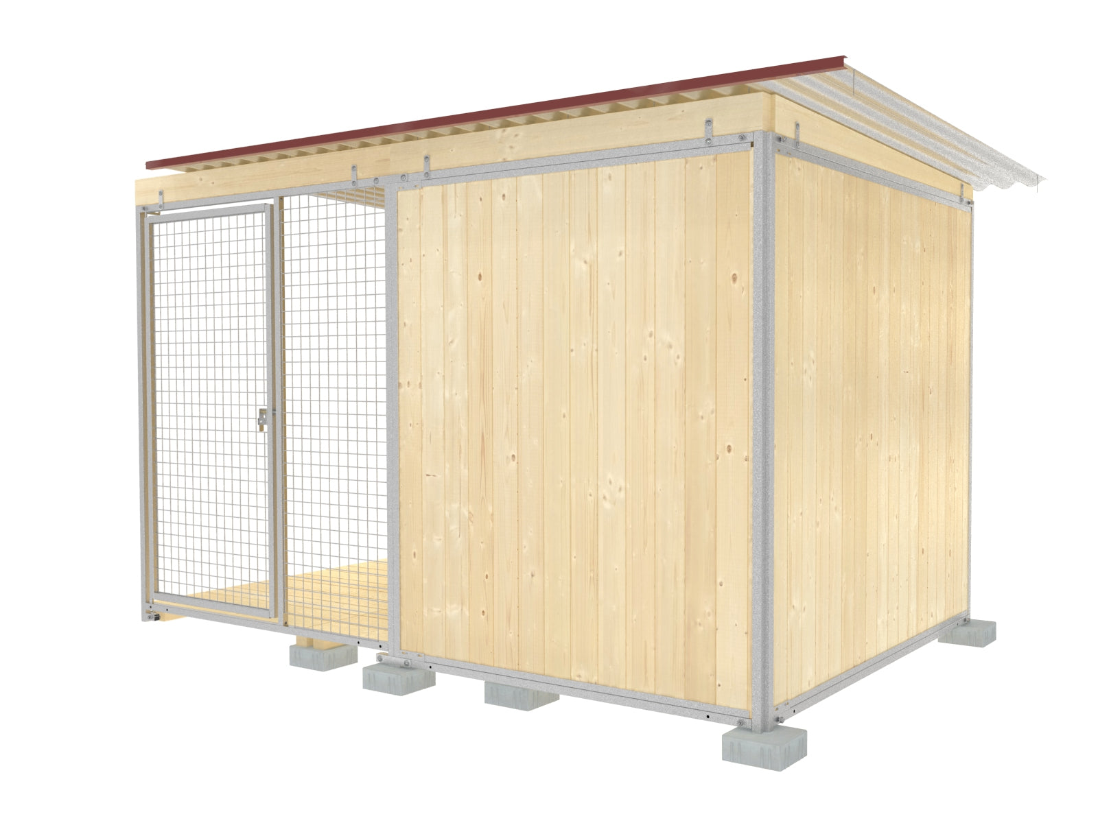 Hundezwinger mit Holzböden stehend auf Fundamentsteinen für Bodenfreiheit