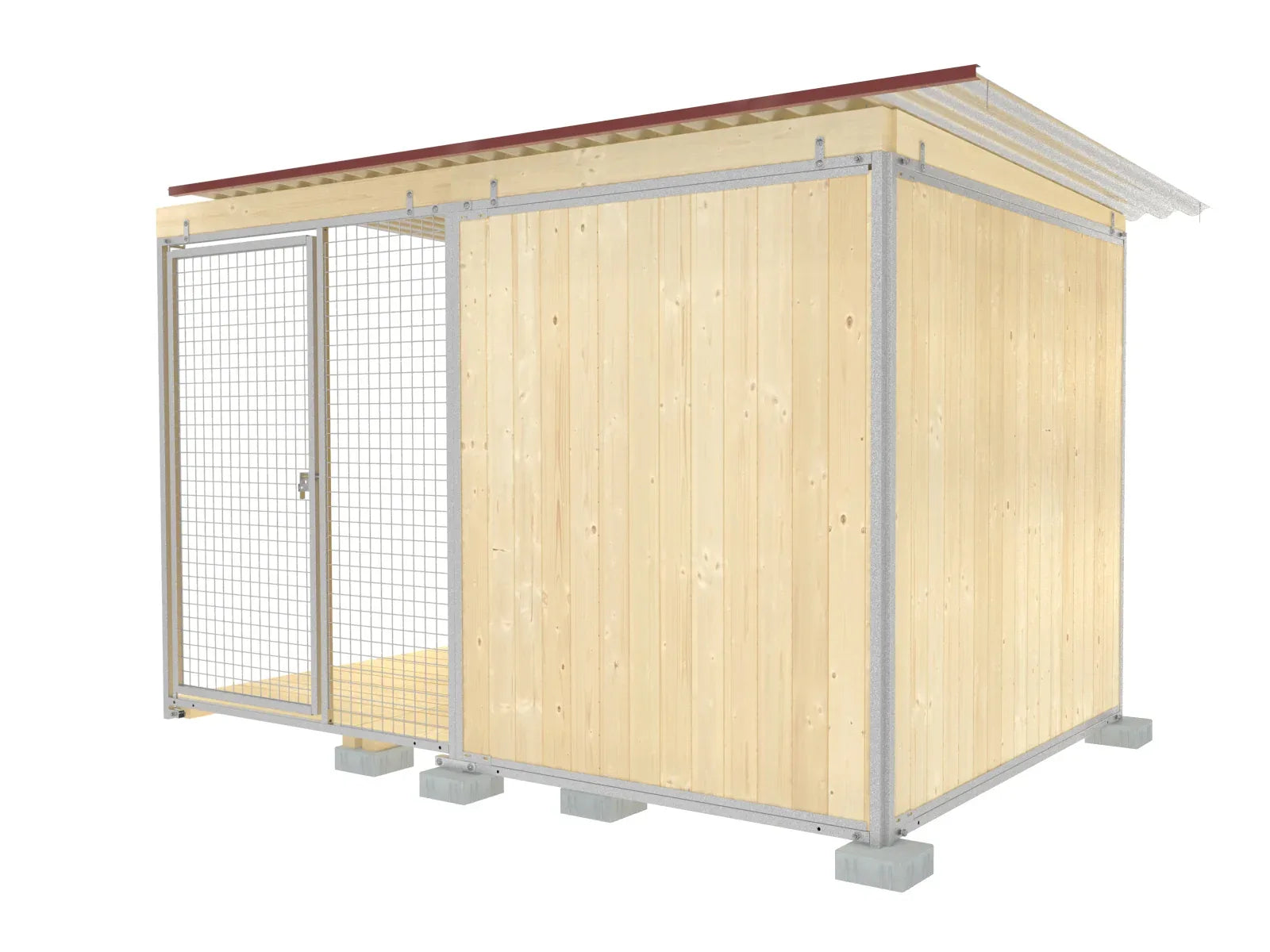 Hundezwinger mit Holzböden stehend auf Fundamentsteinen für Bodenfreiheit