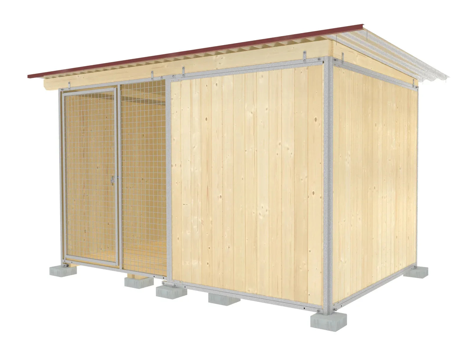 Hundezwinger 3,5 seitig geschlossen aus Holzwänden mit Stahlrohrrahmen und einem Gittertür-Element