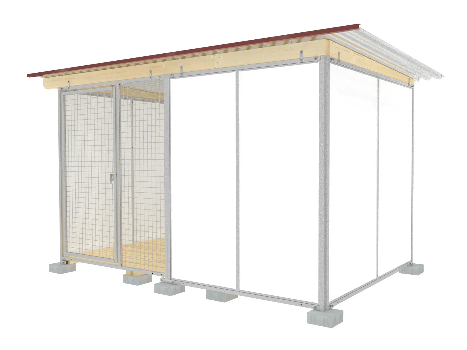 Hundezwinger mit offenem Gitterelement aus einem Stahlrahmen mit eingeschweißter Gittermatte