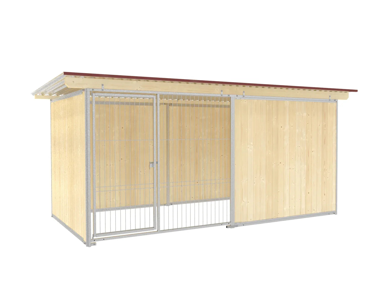 Hundezwinger mit Wellblechdach und Seitenwänden aus Holzbrettern eingefasst in Stahlrahmen