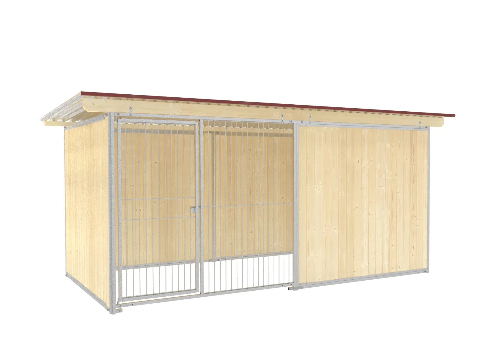 Hundezwinger mit Wänden aus Nut- und Federbretter eingebaut in einen Stahlrahmen