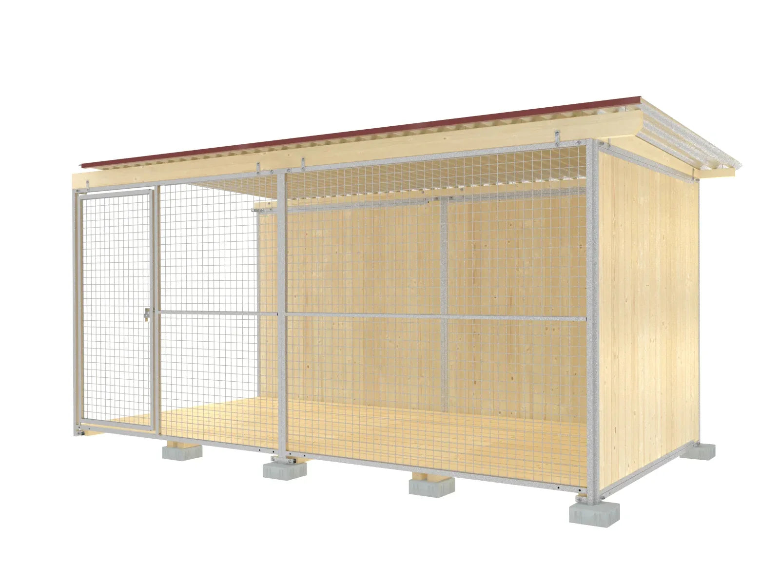 Hundezwinger mit Holzwänden aus senkrecht aufgestellten Fichtenbretter in einem Stahlrohrrahmen