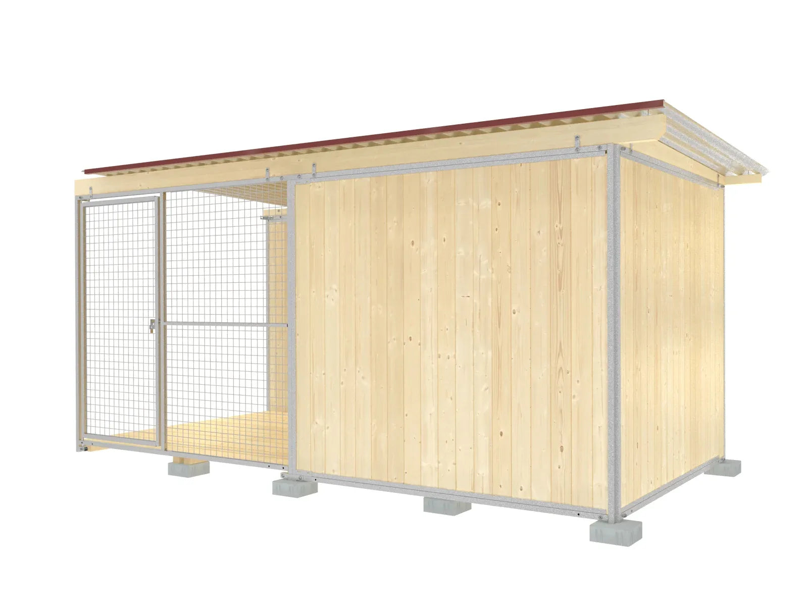 Hundezwingerabteil mit Holzwänden aus senkrecht aufgestellten Fichtenbretter in einem Stahlrohrrahmen