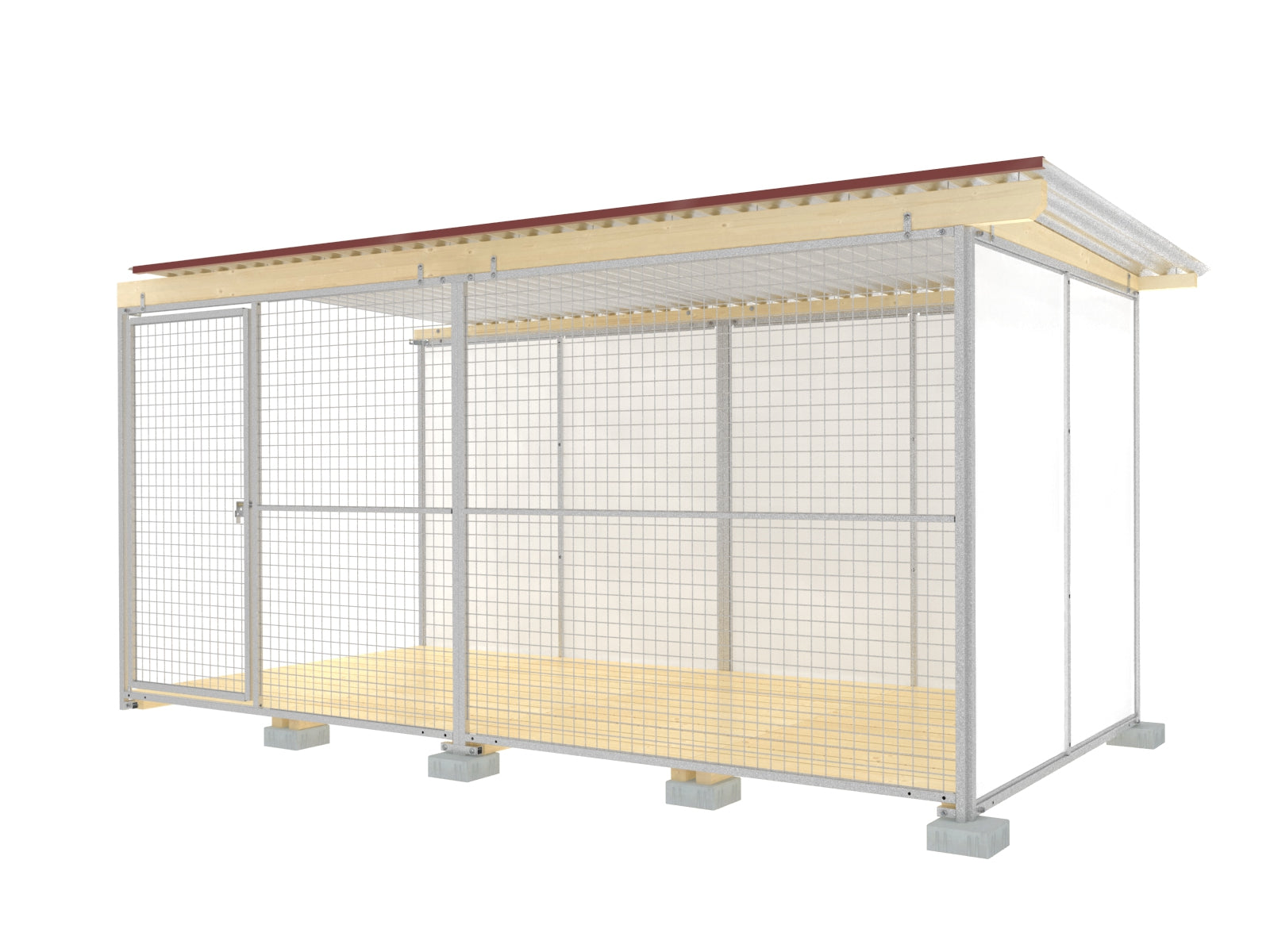 Abschluss-Hundezwinger mit Wellblechdach und Fichtenholzboden