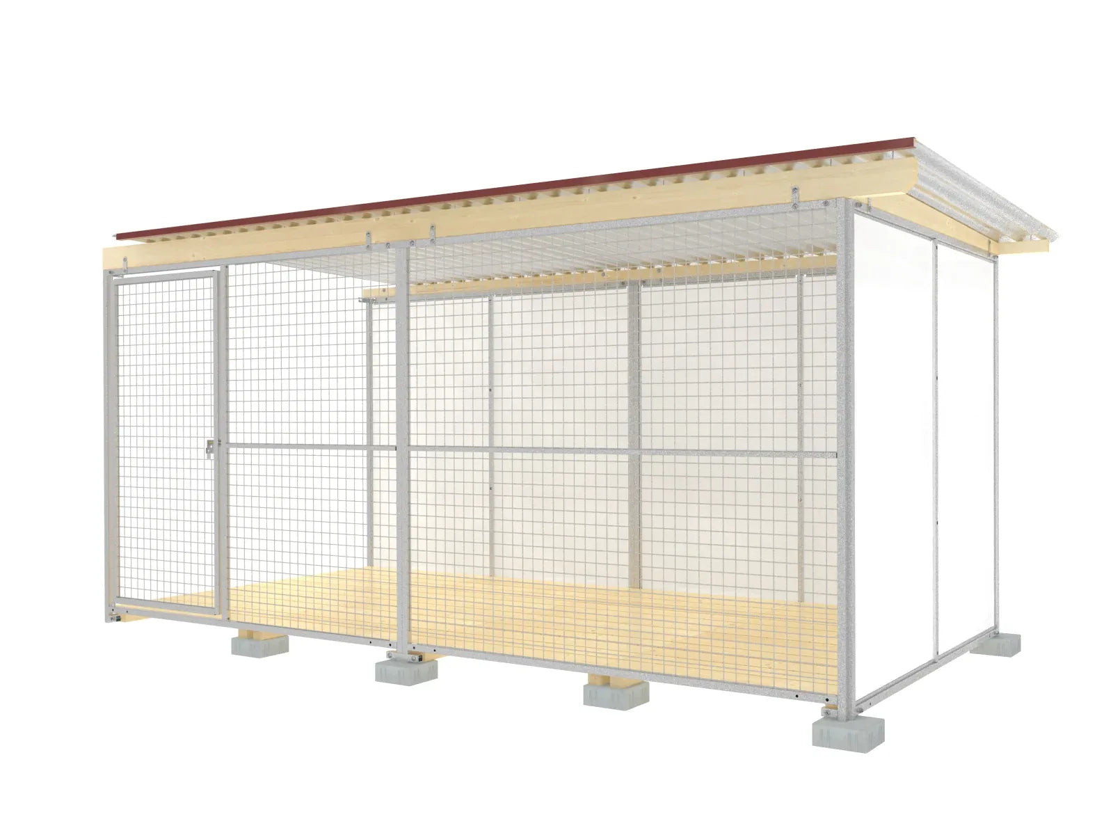 Abschluss-Hundezwinger mit Wellblechdach und Fichtenholzboden