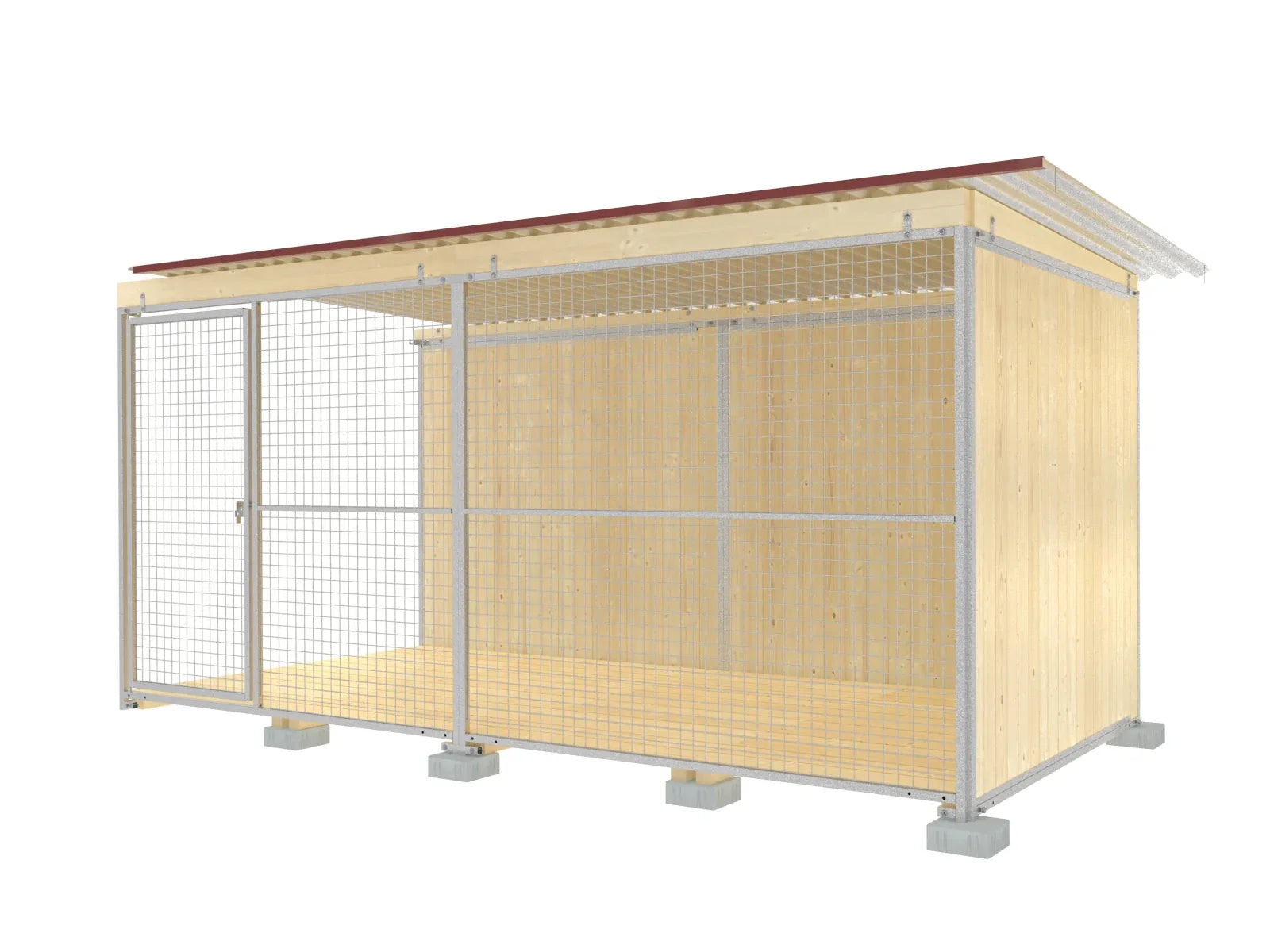 Hundezwinger mit Holzböden stehend auf Fundamentsteinen