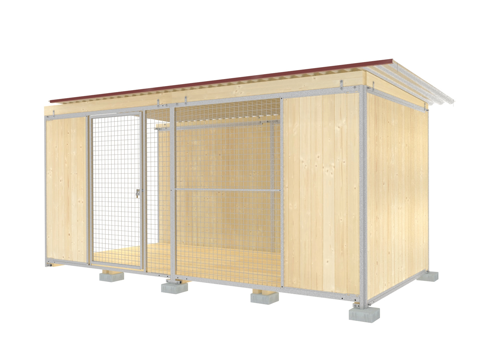 Hundezwinger-Abteil mit Dachbalken aus Fichtenholz und Dach aus verzinktem Wellblech