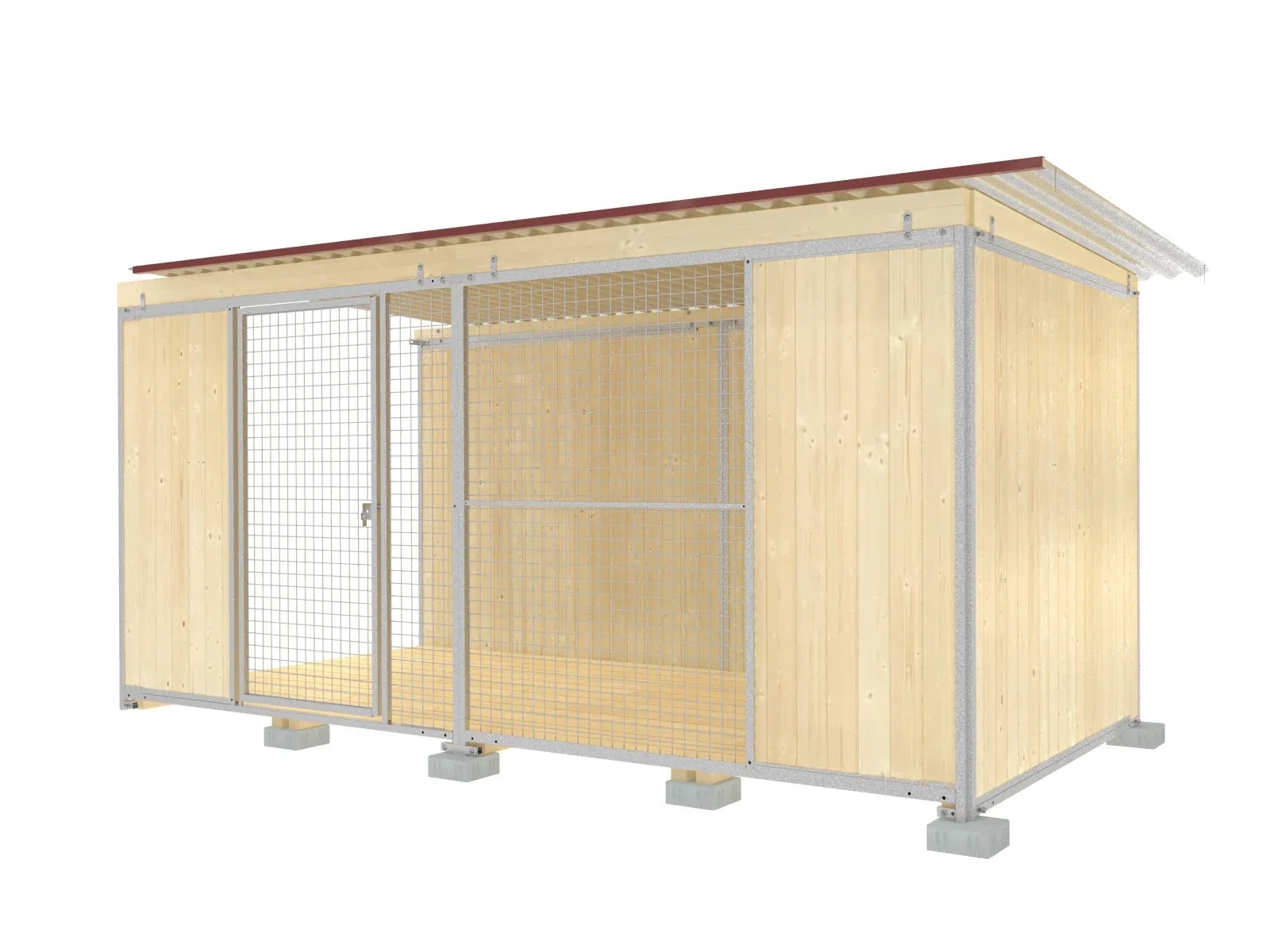 Hundezwinger-Abteil mit Dachbalken aus Fichtenholz und Dach aus verzinktem Wellblech