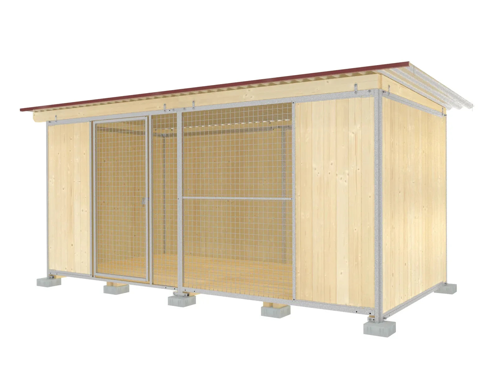 Hundezwinger-Abteil 3,5 seitig geschlossen mit Holzwänden eingefasst in einem Stahlrahmen