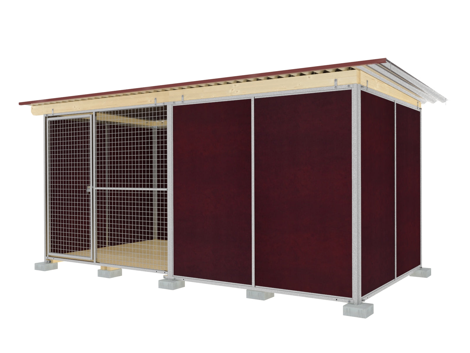 3,5 seitig geschlossener Hundezwinger mit braunen Wänden aus robusten Mehrschichtplatten