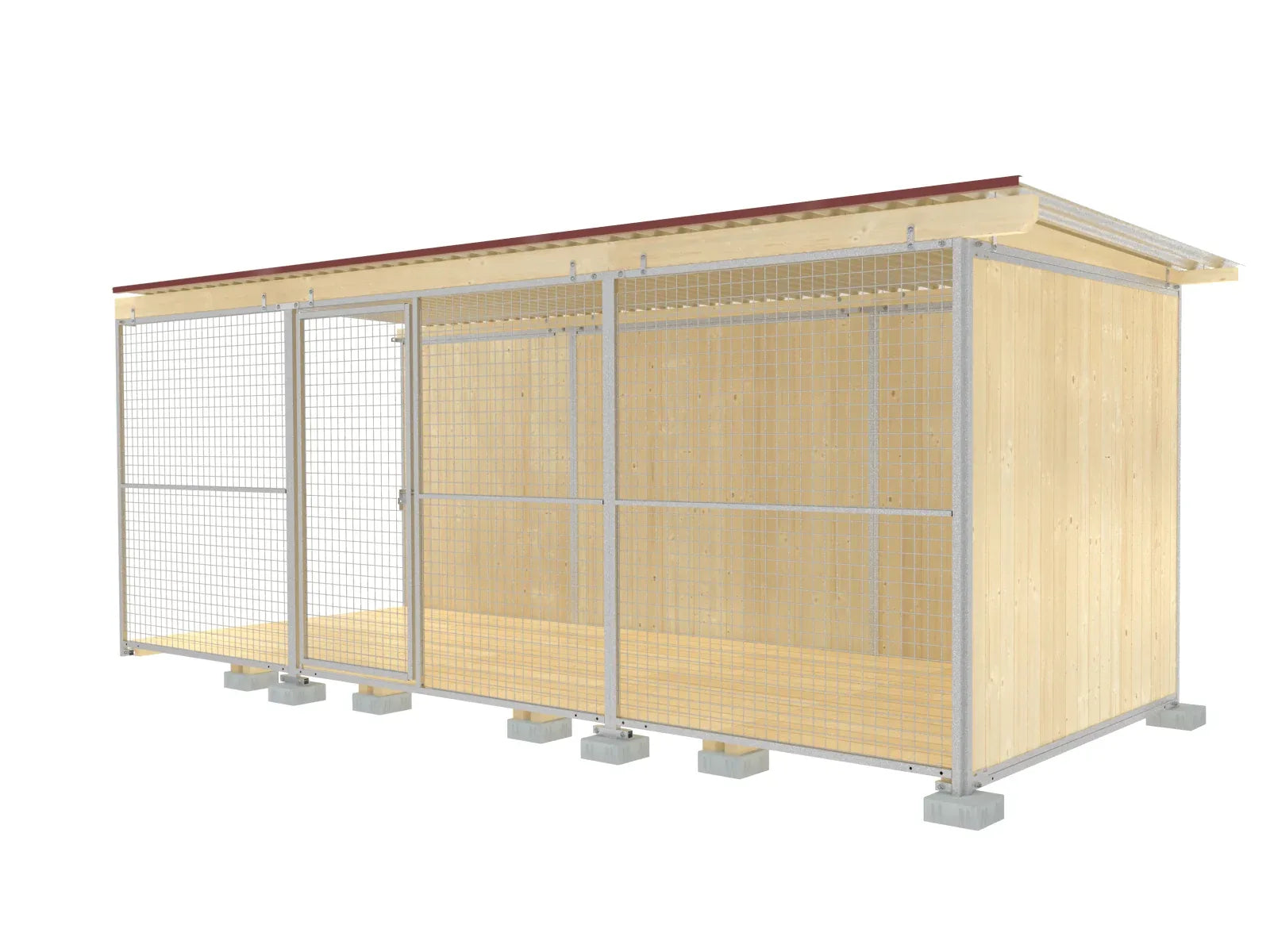 Hundezwinger mit Holzwänden aus senkrecht aufgestellten Fichtenbretter in einem Stahlrohrrahmen