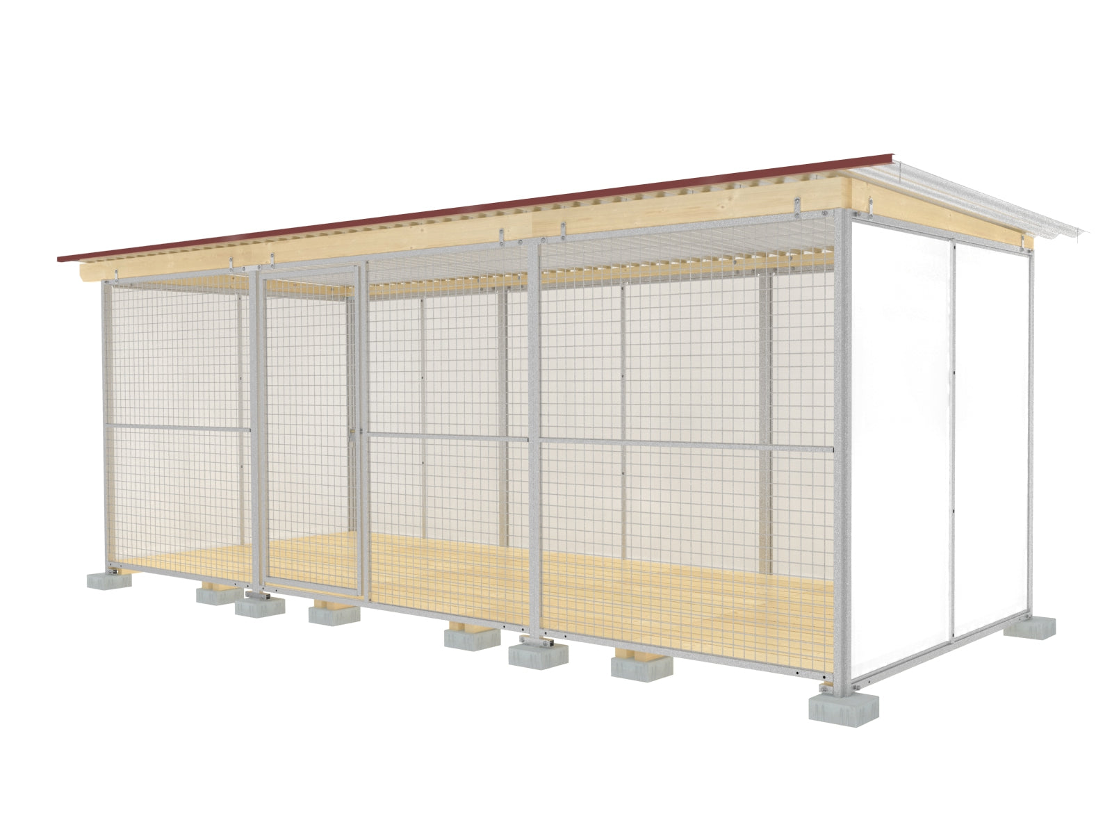 Hundezwinger mit Vorderseite aus verzinkten Gitterelementen eines mit Türe
