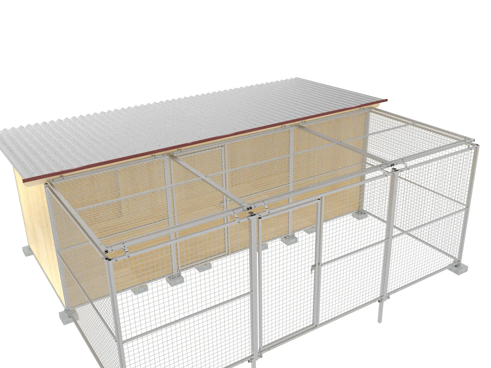 Hundezwinger aus Holz und Auslauf mit Zaunpfosten aus Stahl
