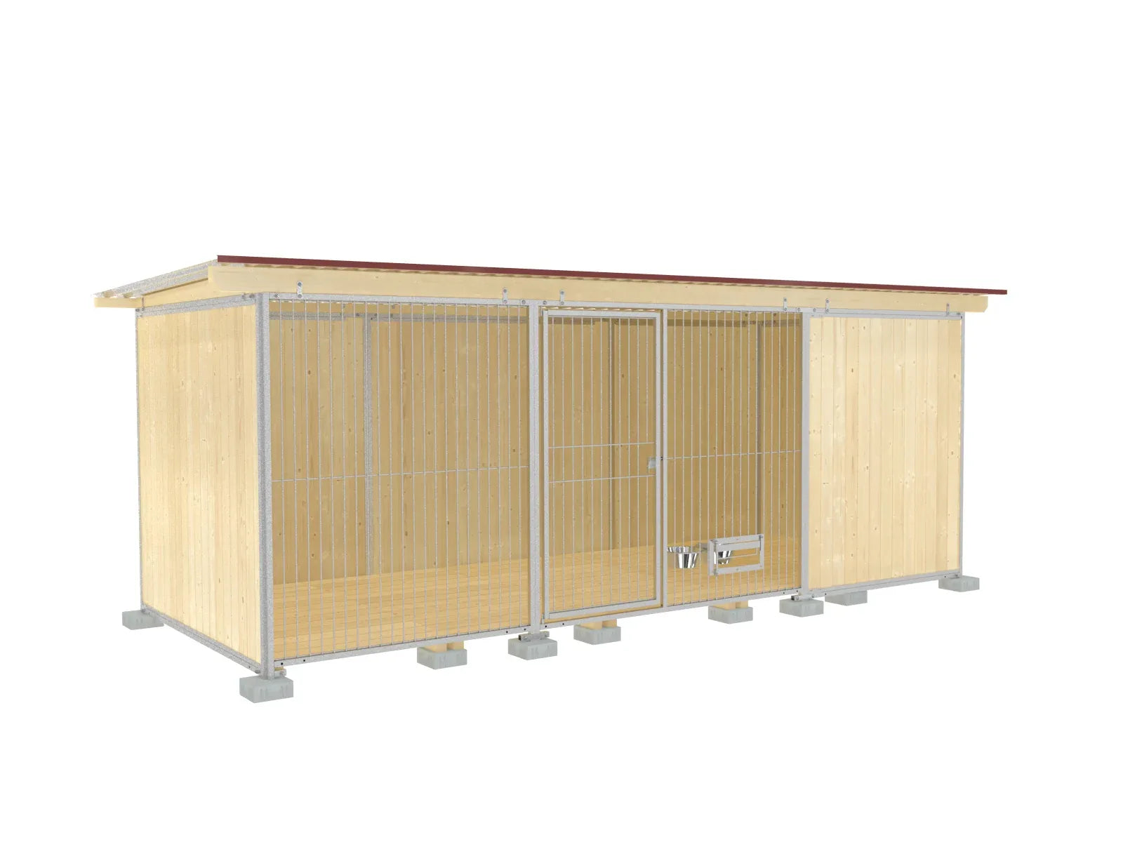 Hundezwinger 5 Meter breit mit einer Front aus Stab- und Holzelementen