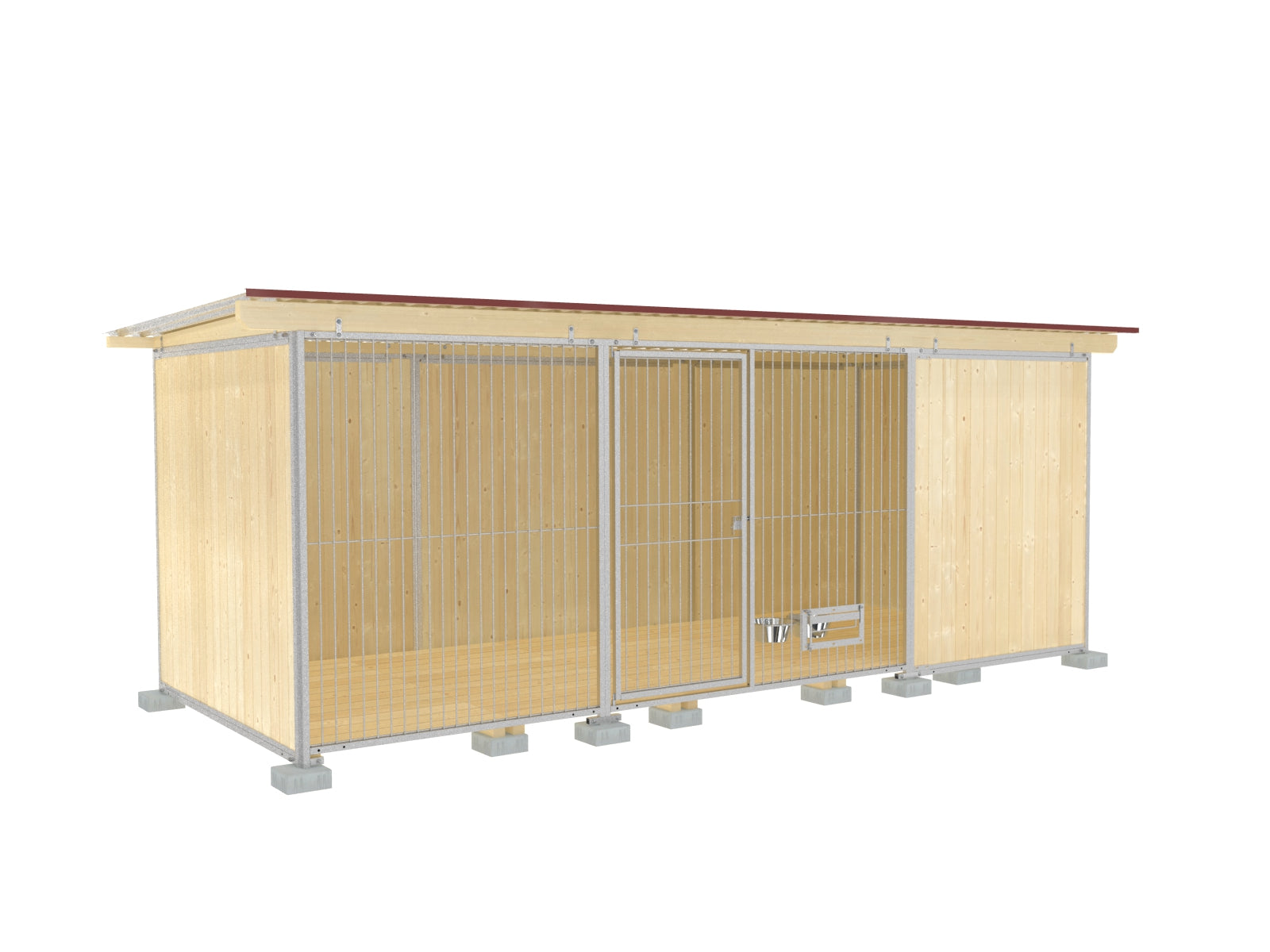 Hundezwinger 5 Meter breit mit einer Front aus Stab- und Holzelementen