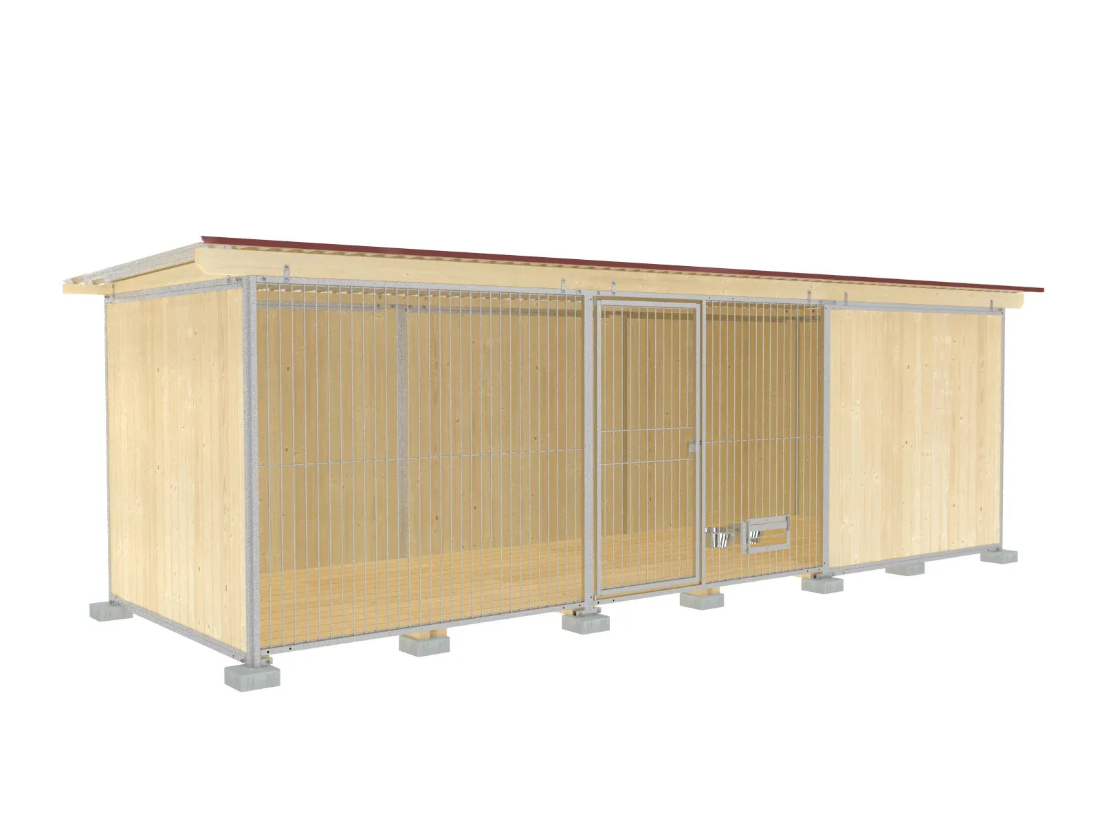 Hundezwinger mit stabiler Dachkonstruktion aus Holz mit Verbindungsteilen aus Metall