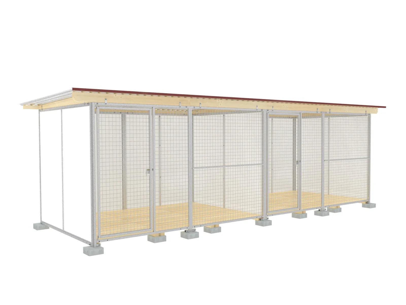 Europa-Hundezwinger 2 x 6 m einmal unterteilt mit zwei Türen, mit Gitterfront, Dach und Holzboden