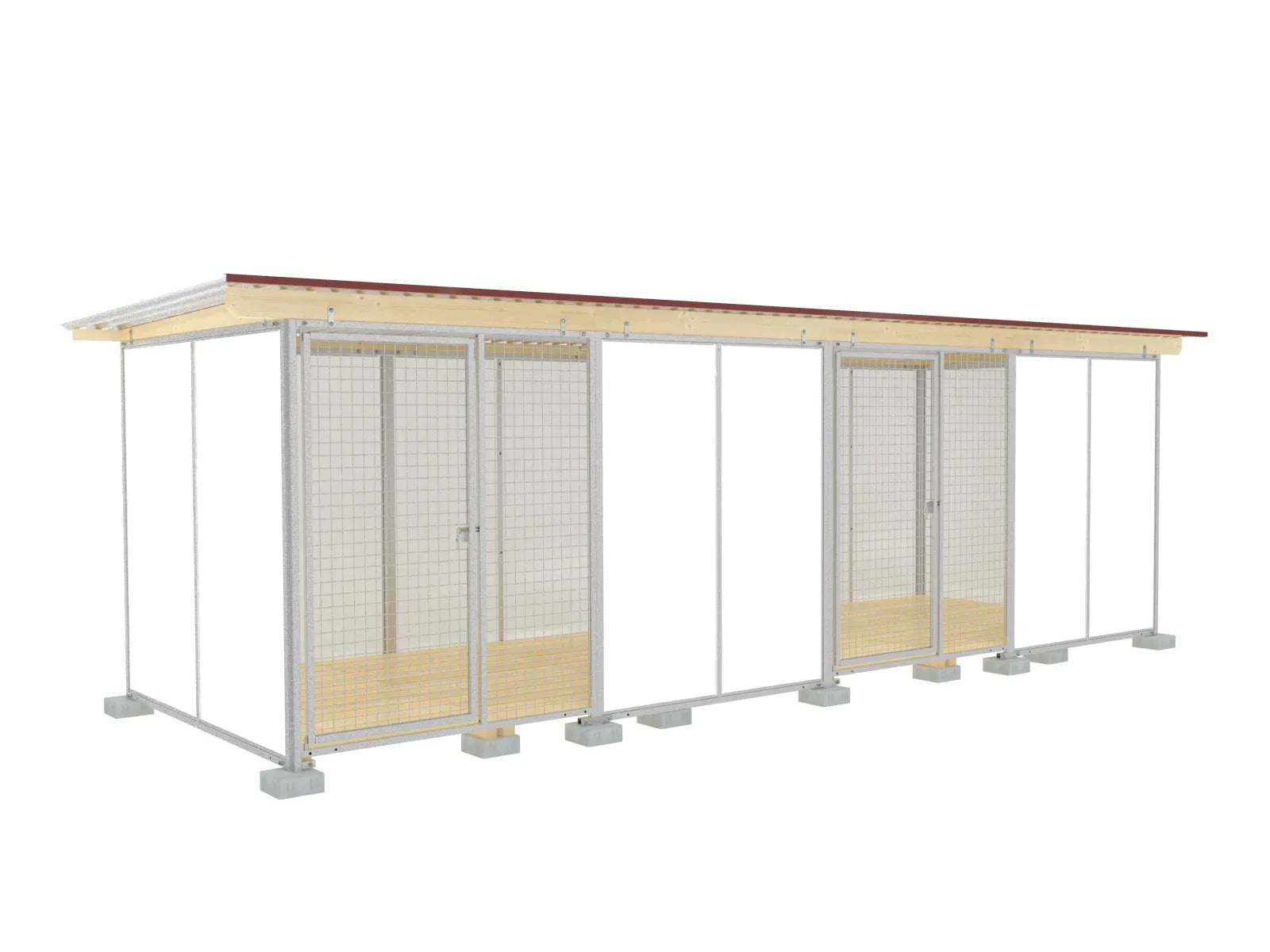 Europa-Hundezwinger Schutzecke 2 x 6 m einmal unterteilt mit zwei Türen, mit Gitterfront, Dach und Holzboden