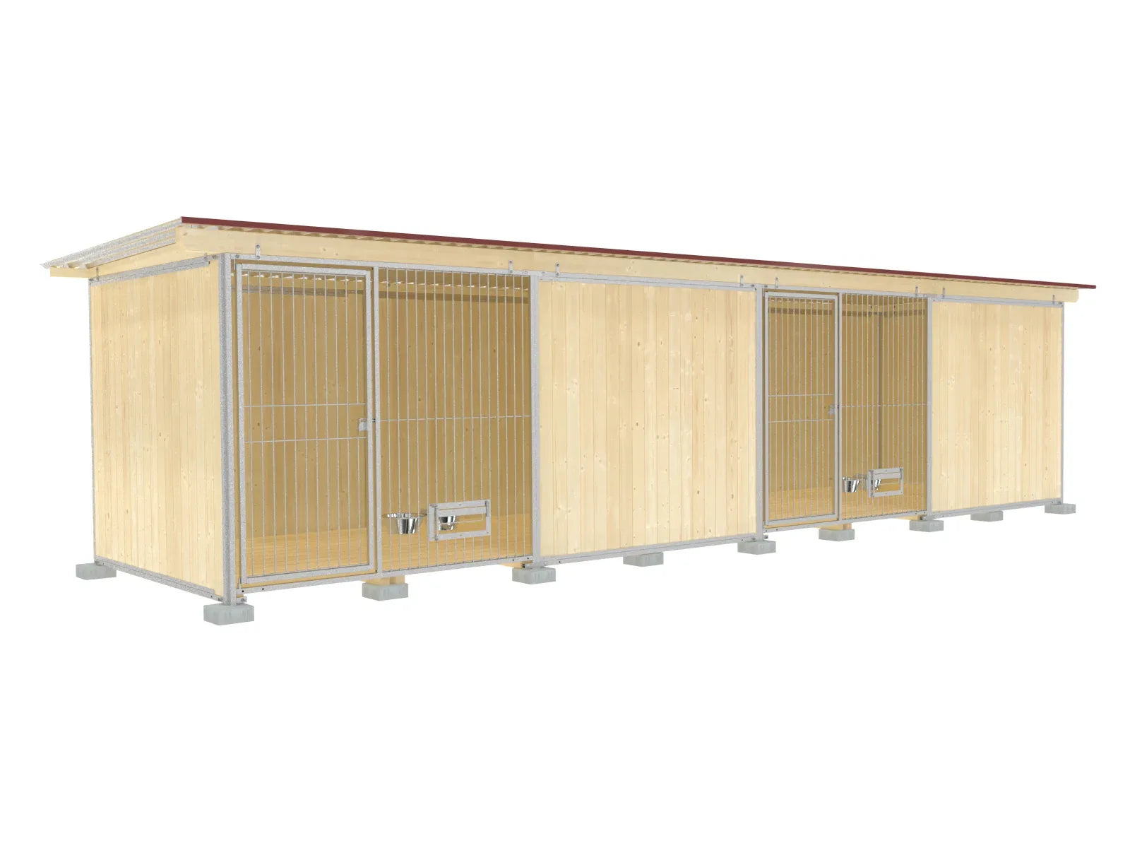 Anlage mit Abteilungen zur Hundehaltung gebaut aus Holz und Stahlelementen