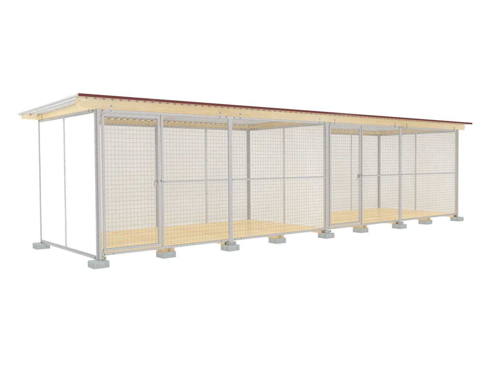Europa-Hundezwinger 2 x 8 m einmal unterteilt mit zwei Türen, mit Gitterfront, Dach und Holzboden