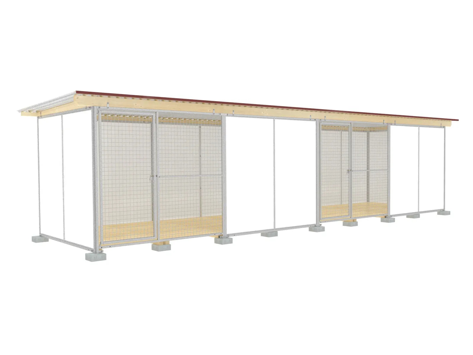Europa-Hundezwinger Schutzecke 2 x 8 m einmal unterteilt mit zwei Türen, mit Gitterfront, Dach und Holzboden