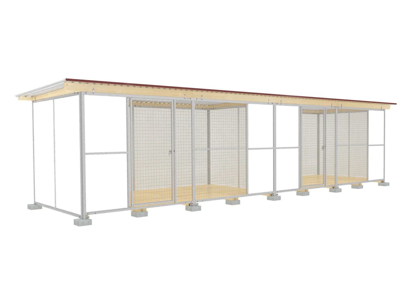 Europa-Hundezwinger Vollschutz 2 x 8 m einmal unterteilt mit zwei Türen, mit Gitterfront, Dach und Holzboden