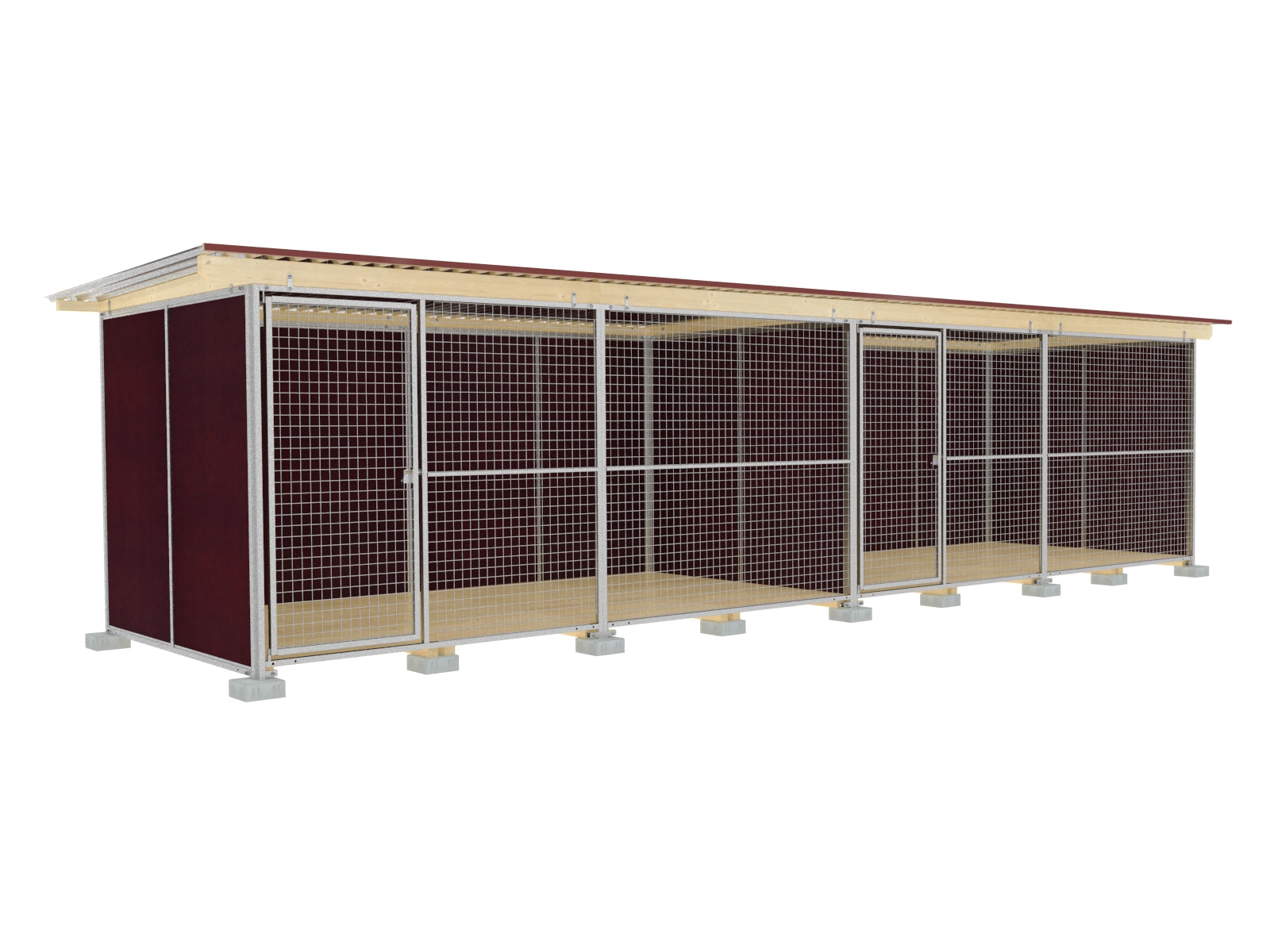 Nato-Hundezwinger 2 x 8 m einmal unterteilt mit zwei Türen, Gitterfront, Dach und Holzboden