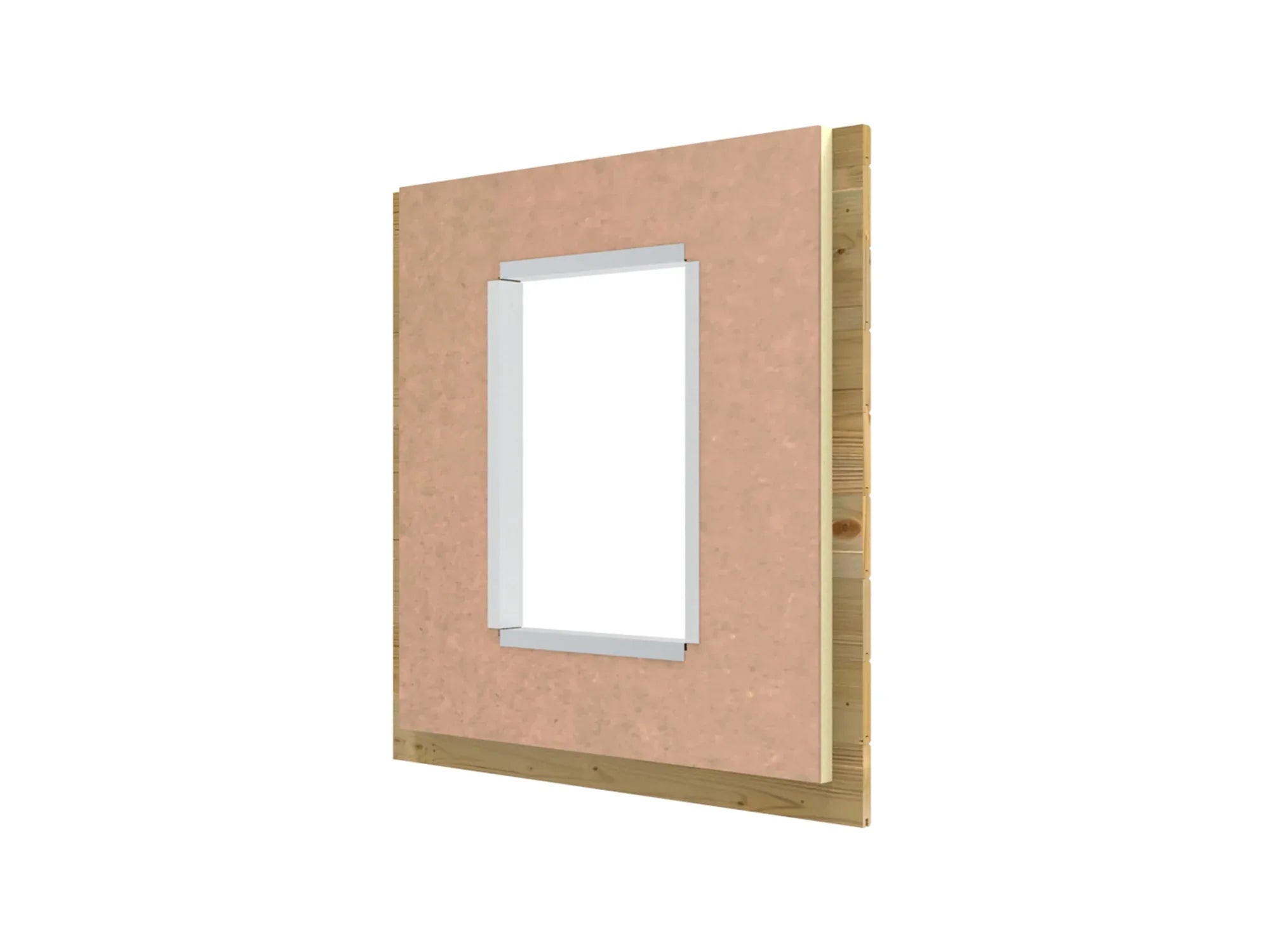 Holzwand mit ein gefasten Kanten und Einstig einer Hundehütte