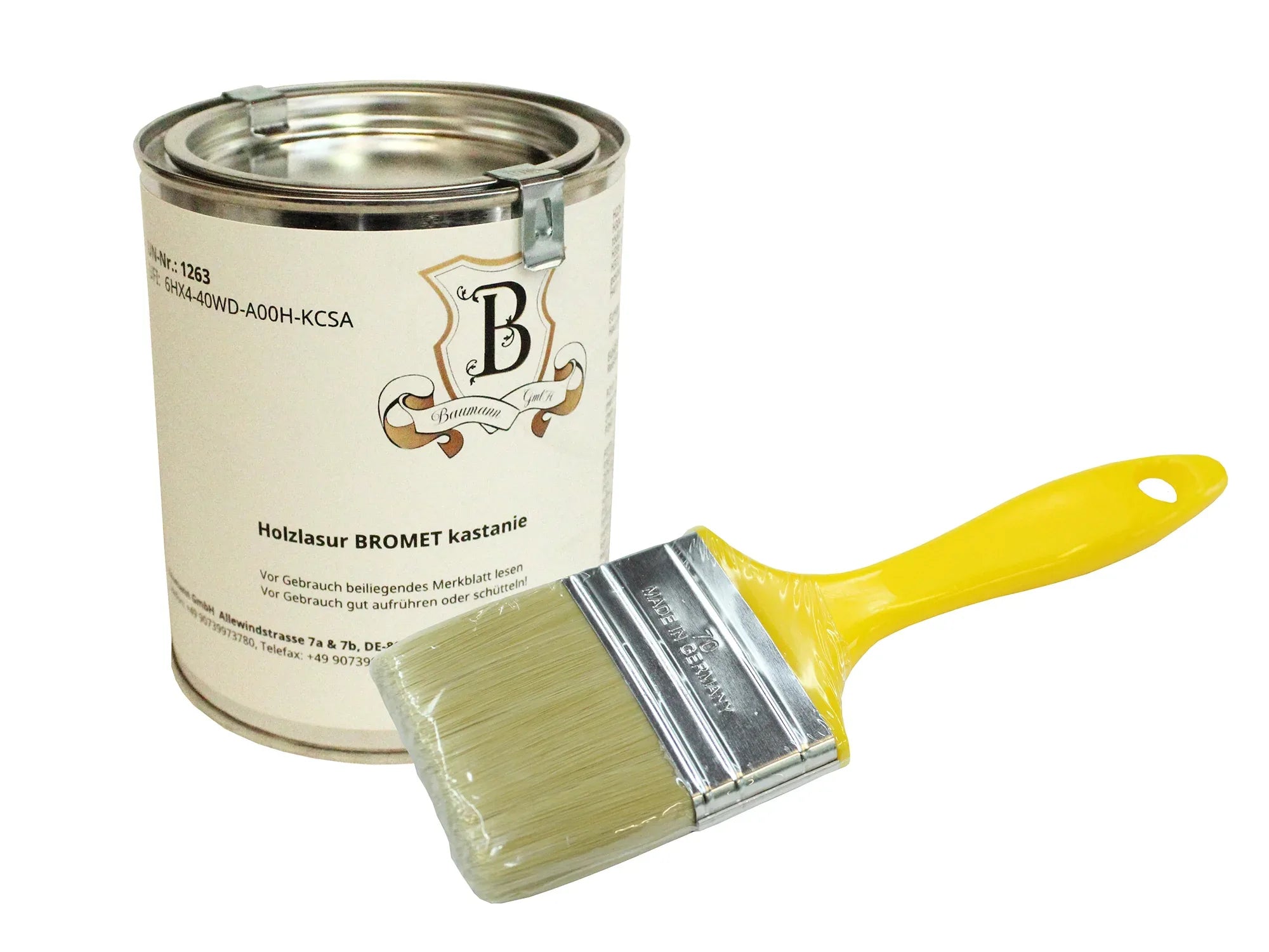 Holzlasur im Farbton Kastanie und beigelegtem Pinsel