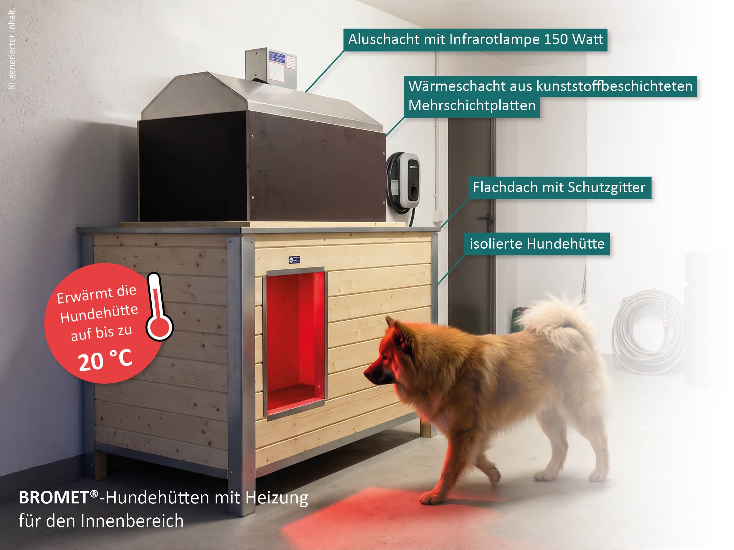 Isolierte Hundehütte mit Infrarot-Heizung von oben.