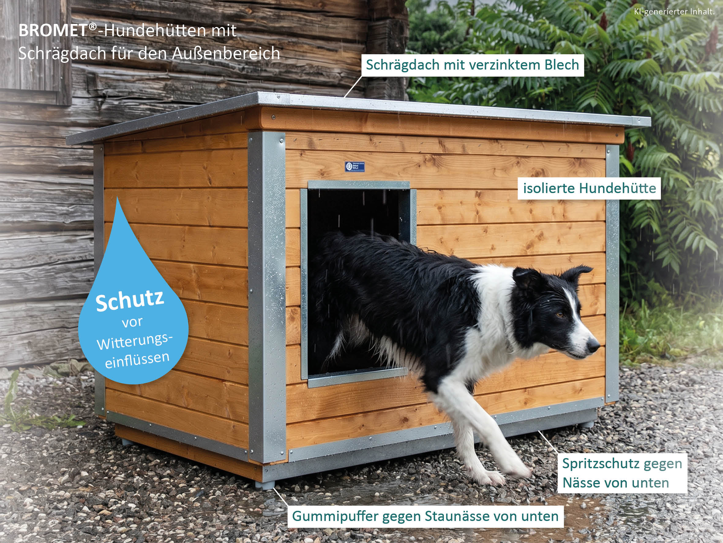 Hundehütte für draußen mit Spritzschutz und Blechdach.